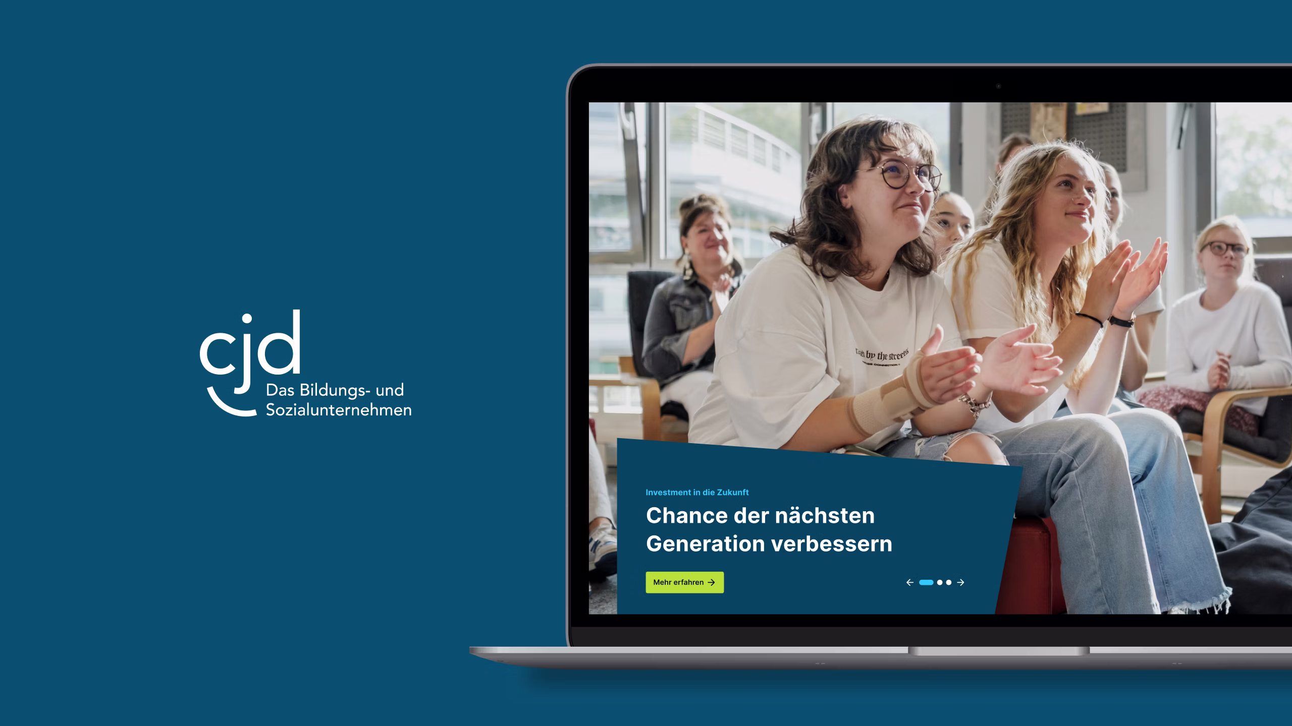 Neben dem CJD-Logo befindet sich ein Laptop-Mockup mit Screendesign