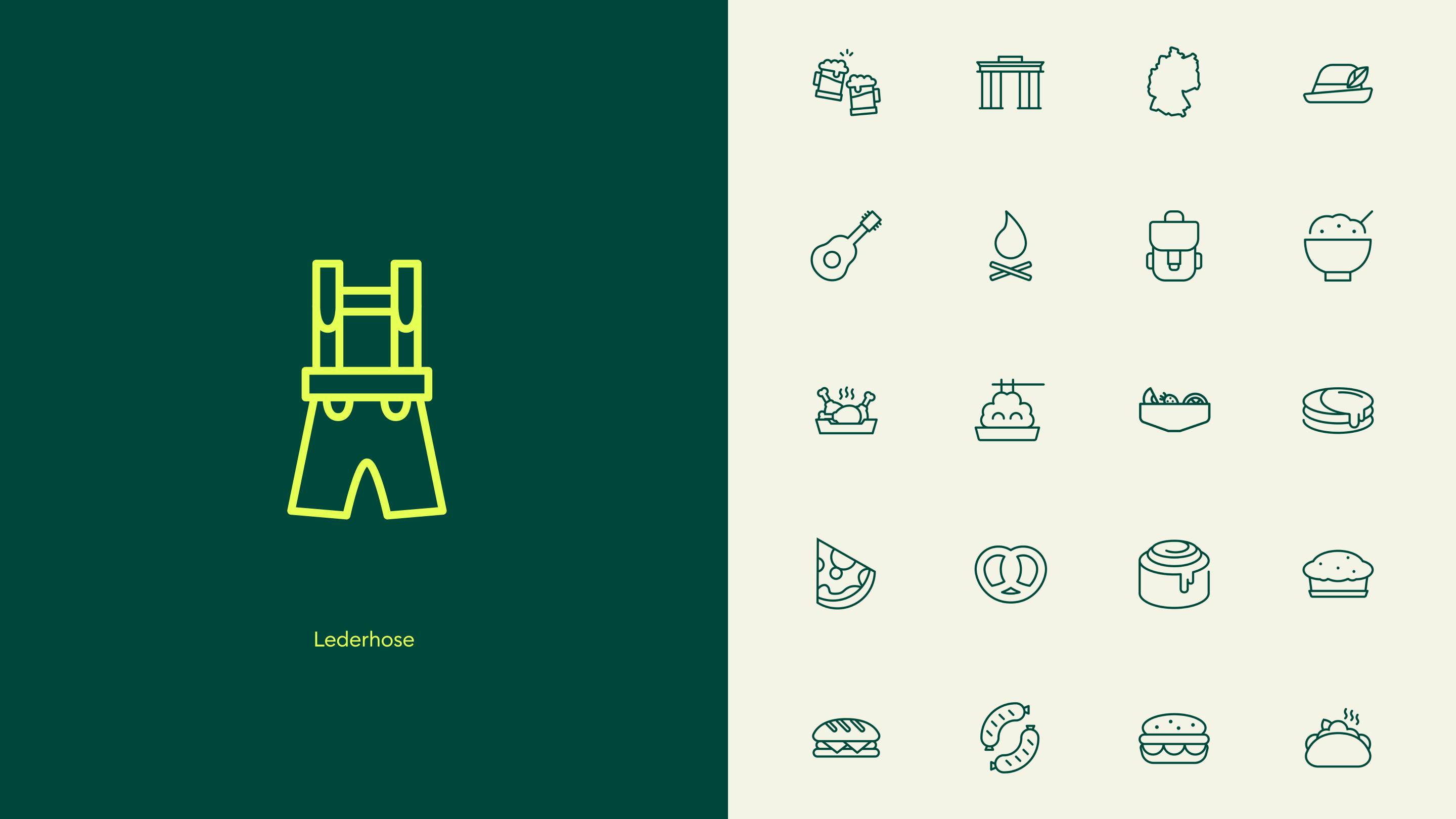 Positive und negative Darstellung von Icons, die für das BlackMagic Food Festival von Werk 8 erstellt wurden, u.a. Icon einer Brezel, Latzhose, Würstchen, Burger, etc.