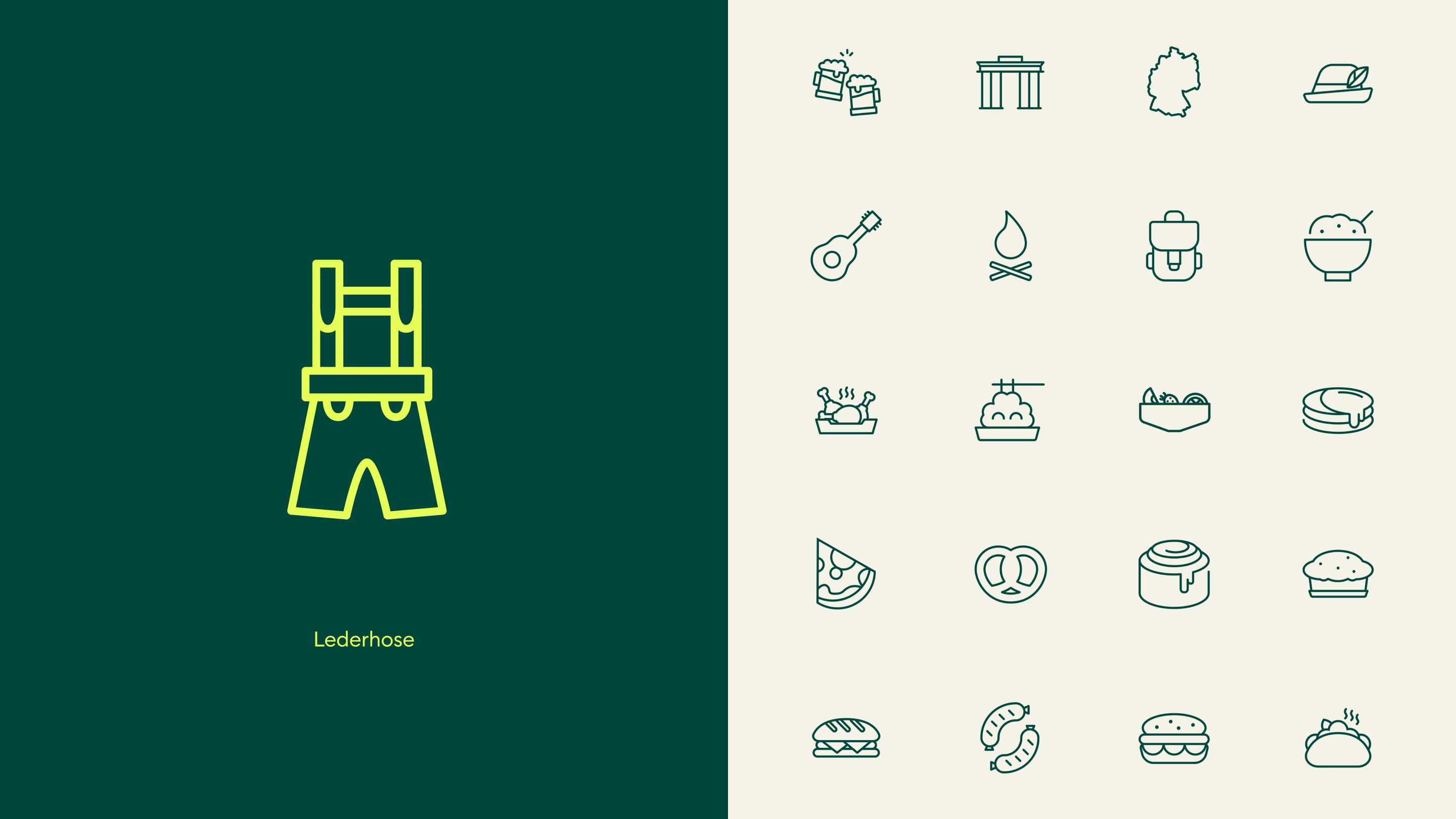 Positive und negative Darstellung von Icons, die für das BlackMagic Food Festival von Werk 8 erstellt wurden, u.a. Icon einer Brezel, Latzhose, Würstchen, Burger, etc.