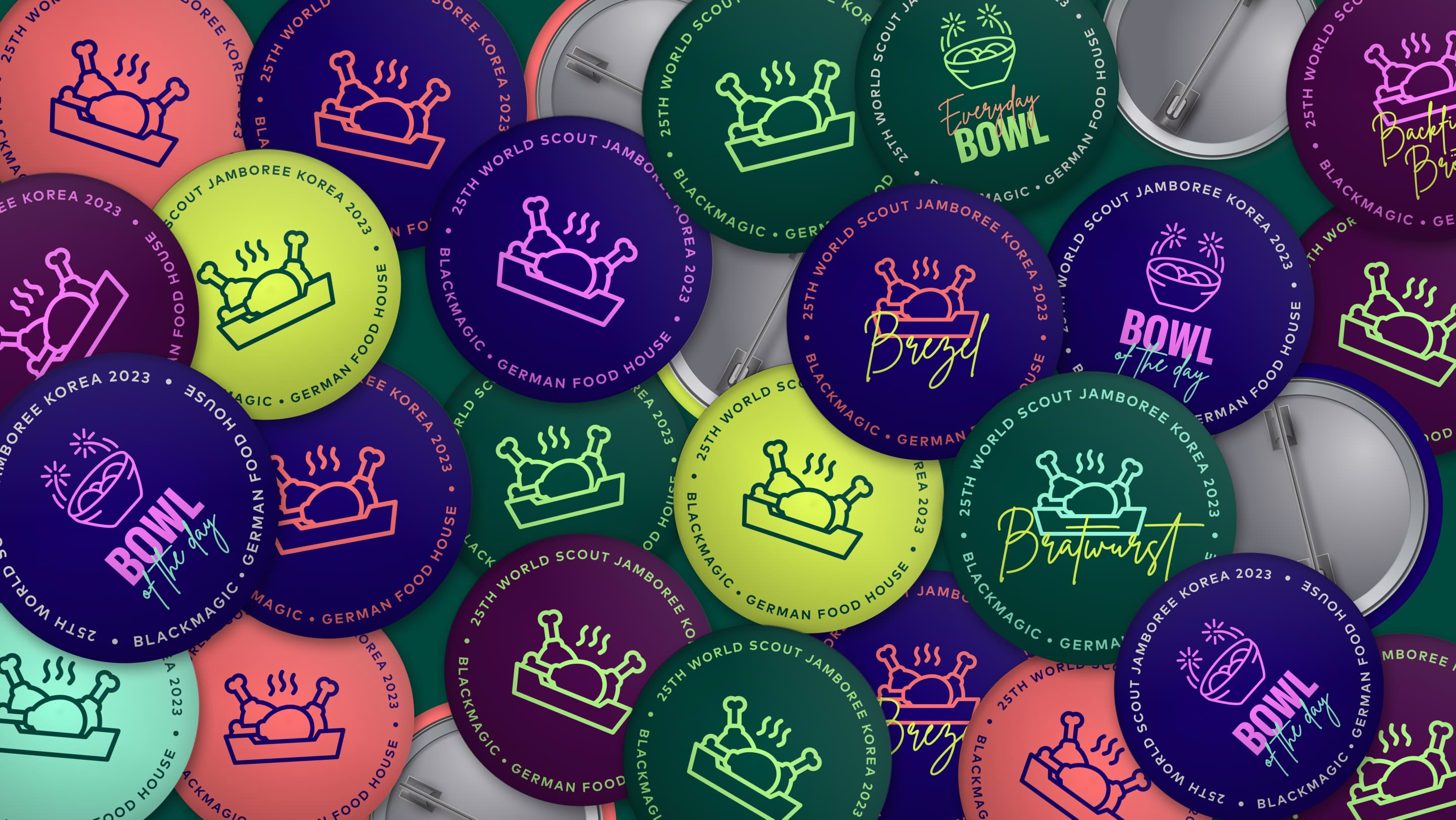 Verschiedene Buttons mit Illustrationen des BlackMagic Food Houses