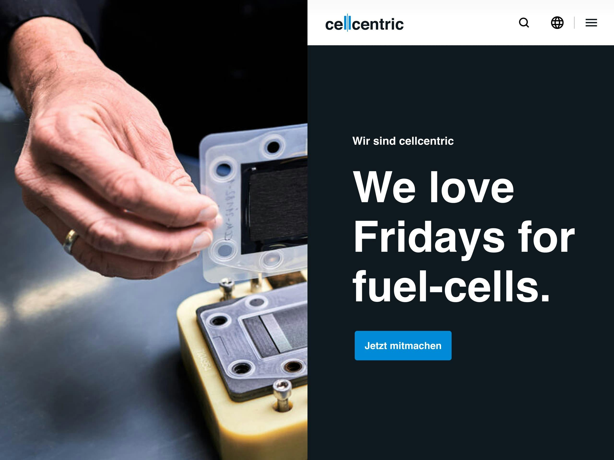 Detailaufnahme einer Brennstoffzelle von cellcentric, an der ein Mitarbeiter arbeitet, neben einem Screendesign der cellcentric Homepage