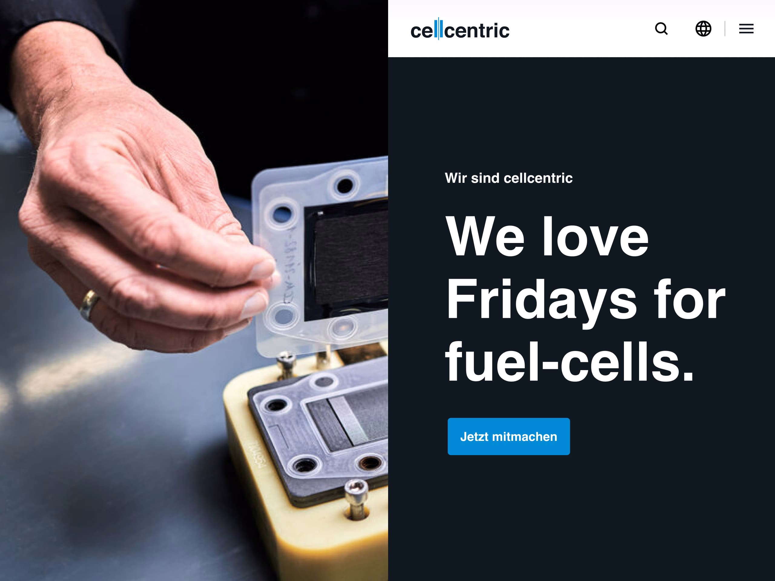 Detailaufnahme einer Brennstoffzelle von cellcentric, an der ein Mitarbeiter arbeitet, neben einem Screendesign der cellcentric Homepage