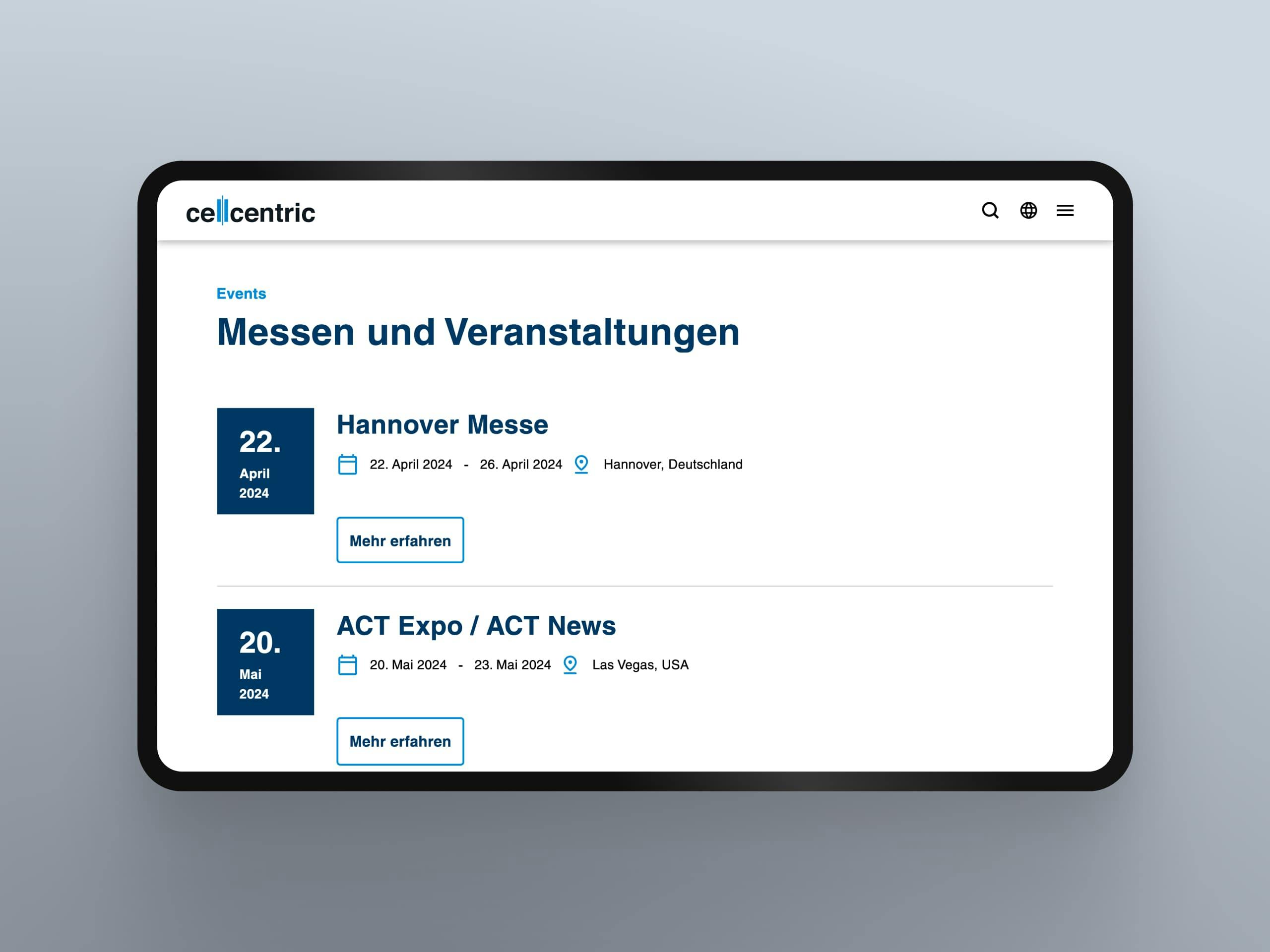 Screendesign der Unterseite "Messen und Veranstaltungen" auf einem Tablet von cellcentric