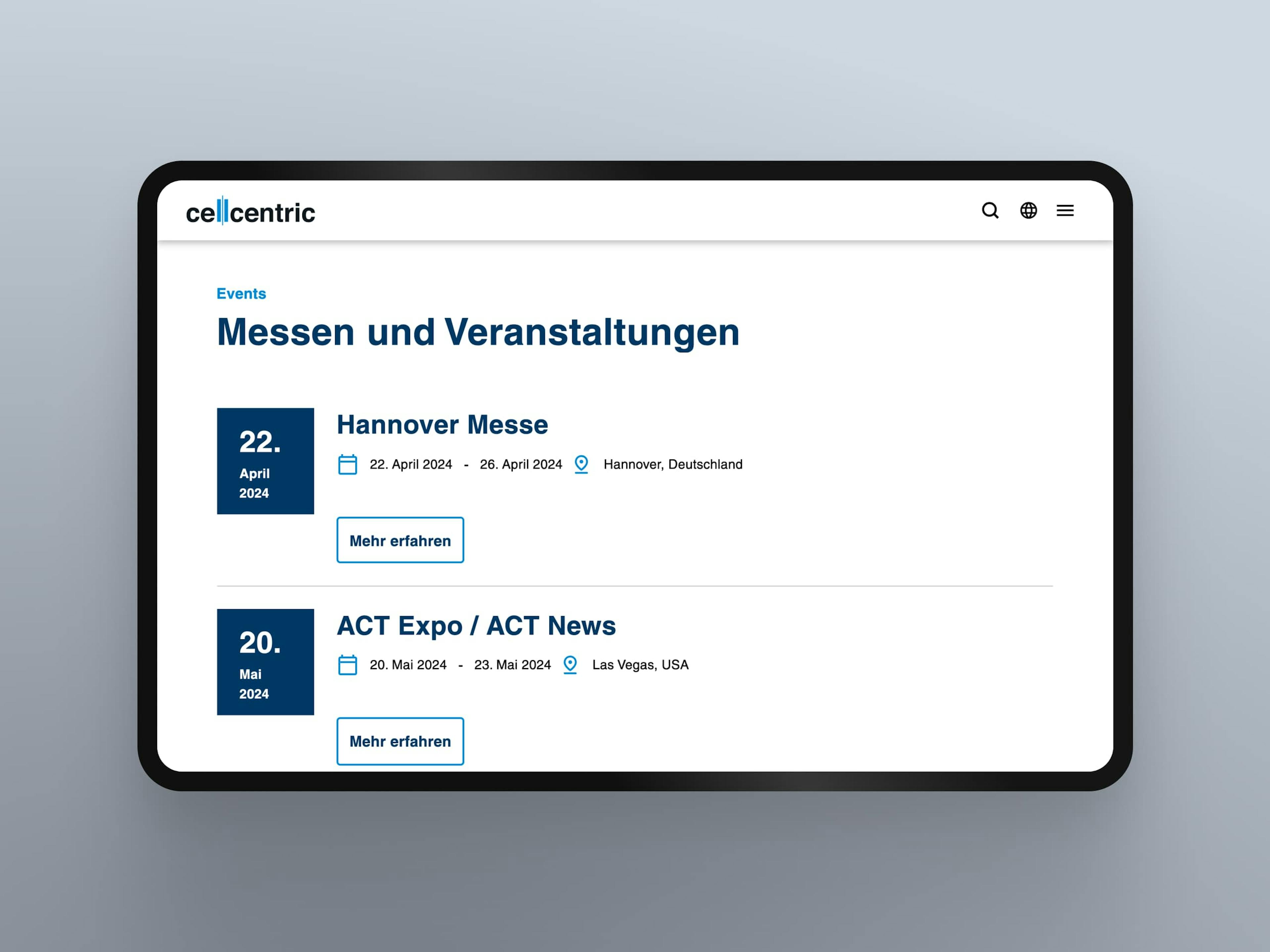 Screendesign der Unterseite "Messen und Veranstaltungen" auf einem Tablet von cellcentric 