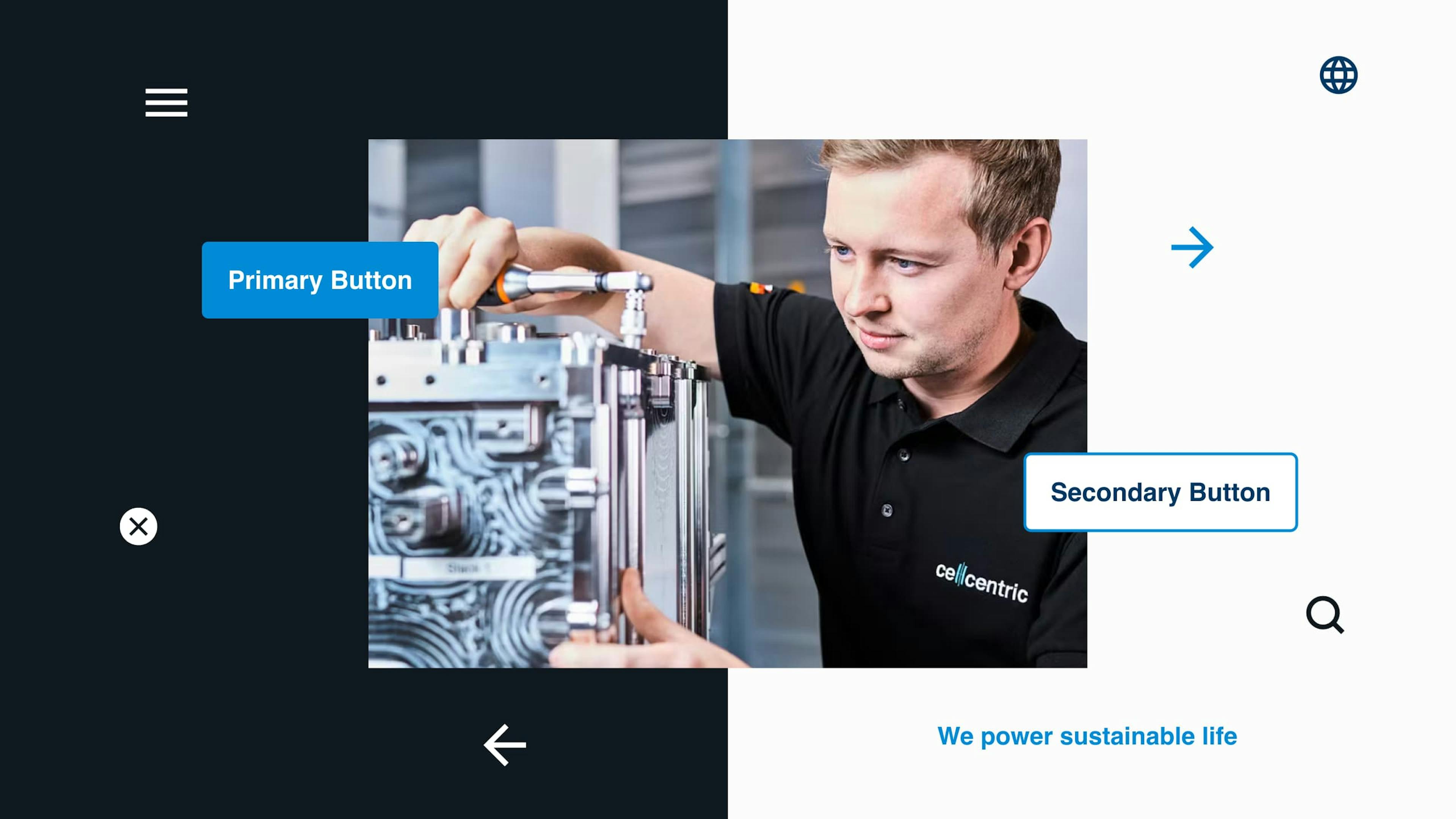 Bild zeigt Button-Variationen von cellcentric und einen Mitarbeiter, der an einer Energiezelle von Cellcentric arbeitet