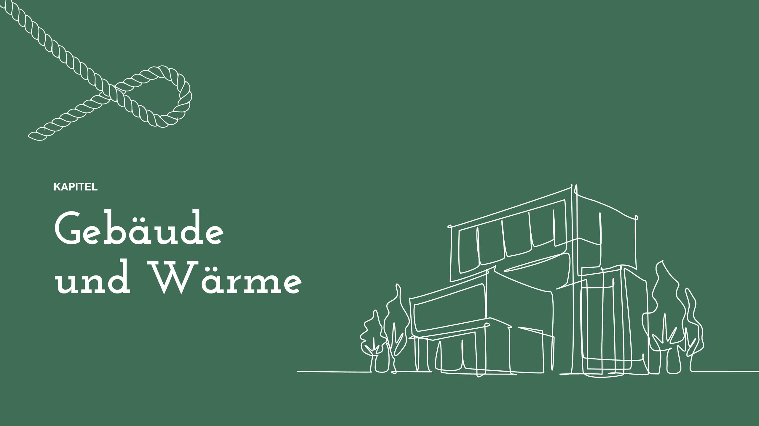 Vorschau für das Kapitel "Gebäude und Wärme" mit one-line-Illustration eines Gebäudes