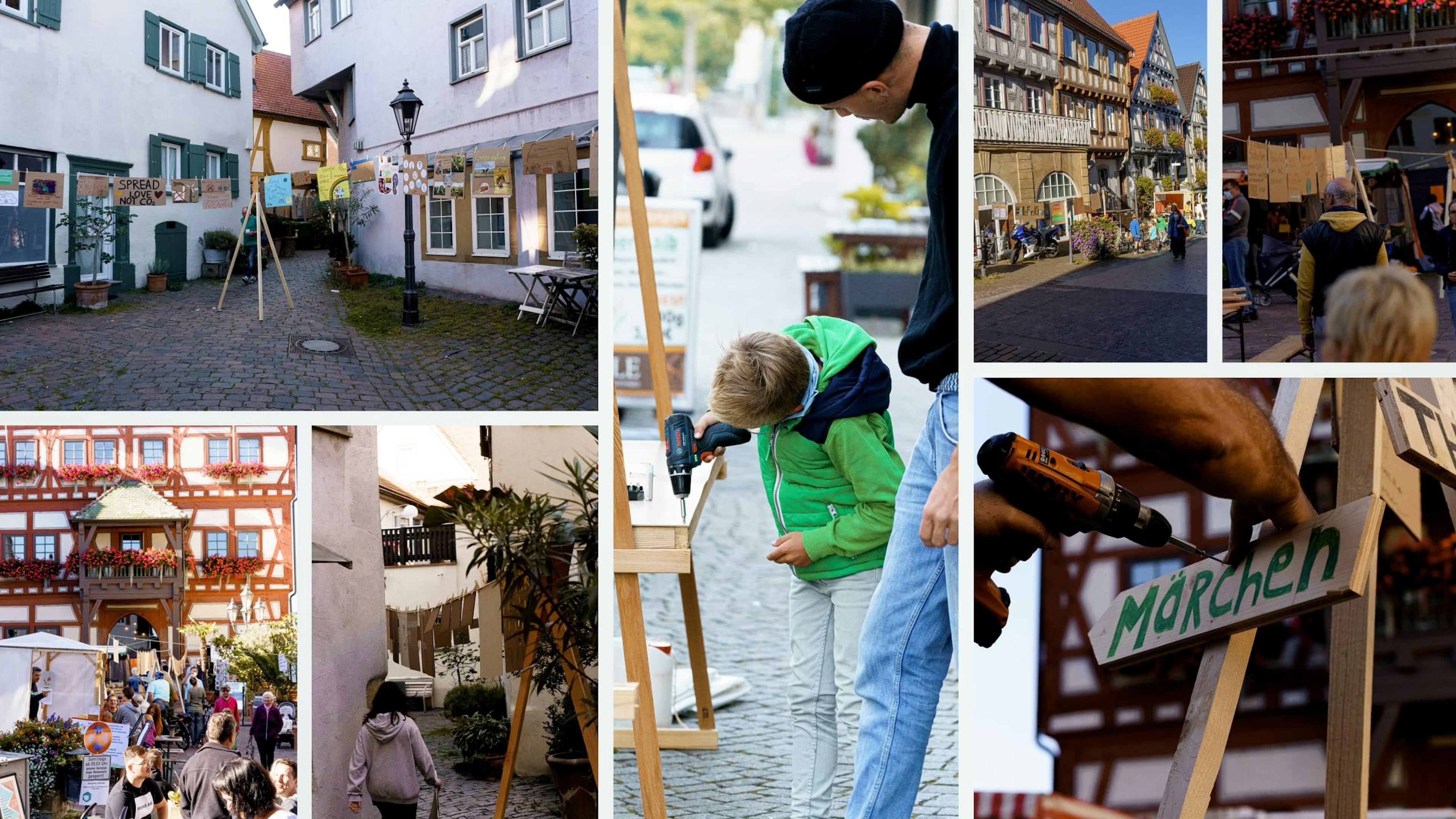 Momentaufnahmen der Aktion KlimaPlan Besigheim, Kinder beim Malen, entstandene Werke ausgehängt in der Innenstadt von Besigheim