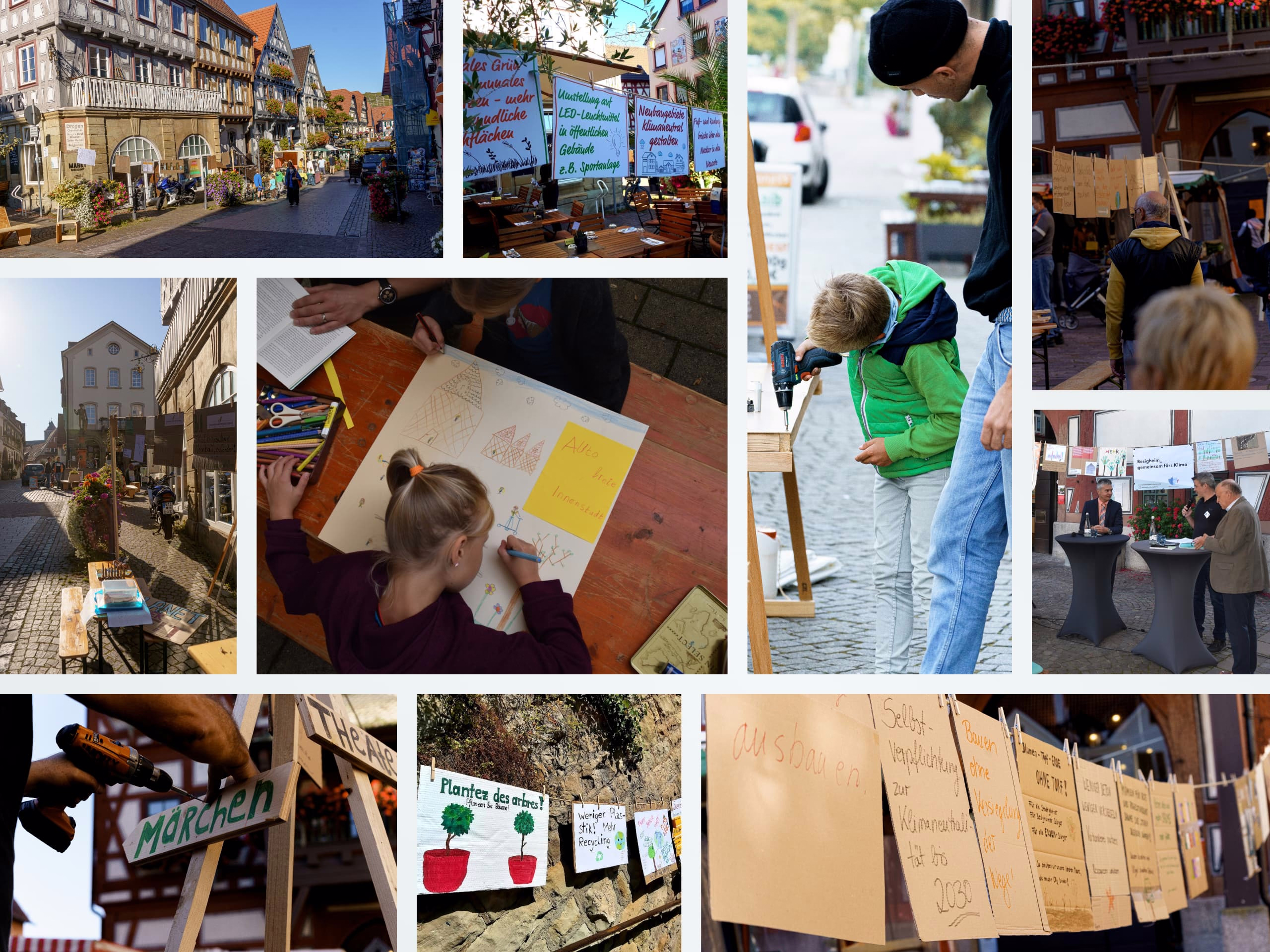 Momentaufnahmen der Aktion KlimaPlan Besigheim, Kinder beim Malen, entstandene Werke ausgehängt in der Innenstadt von Besigheim