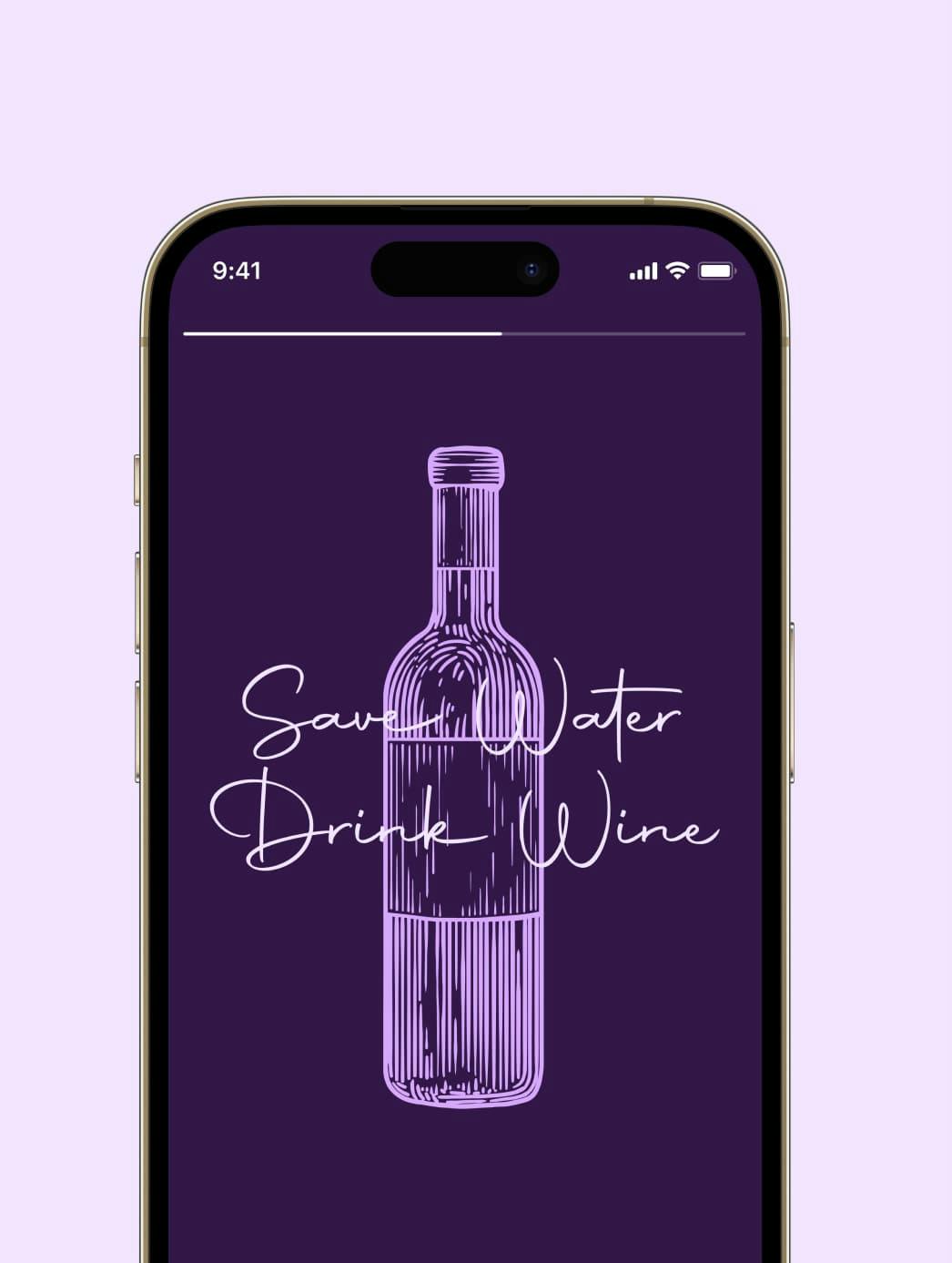 Mock Up eines Mobiltelefons zeigt Story, pinke Weinflasche auf lilanem Hintergrund, im Vordergrund steht "Love Water, Drink Wine"