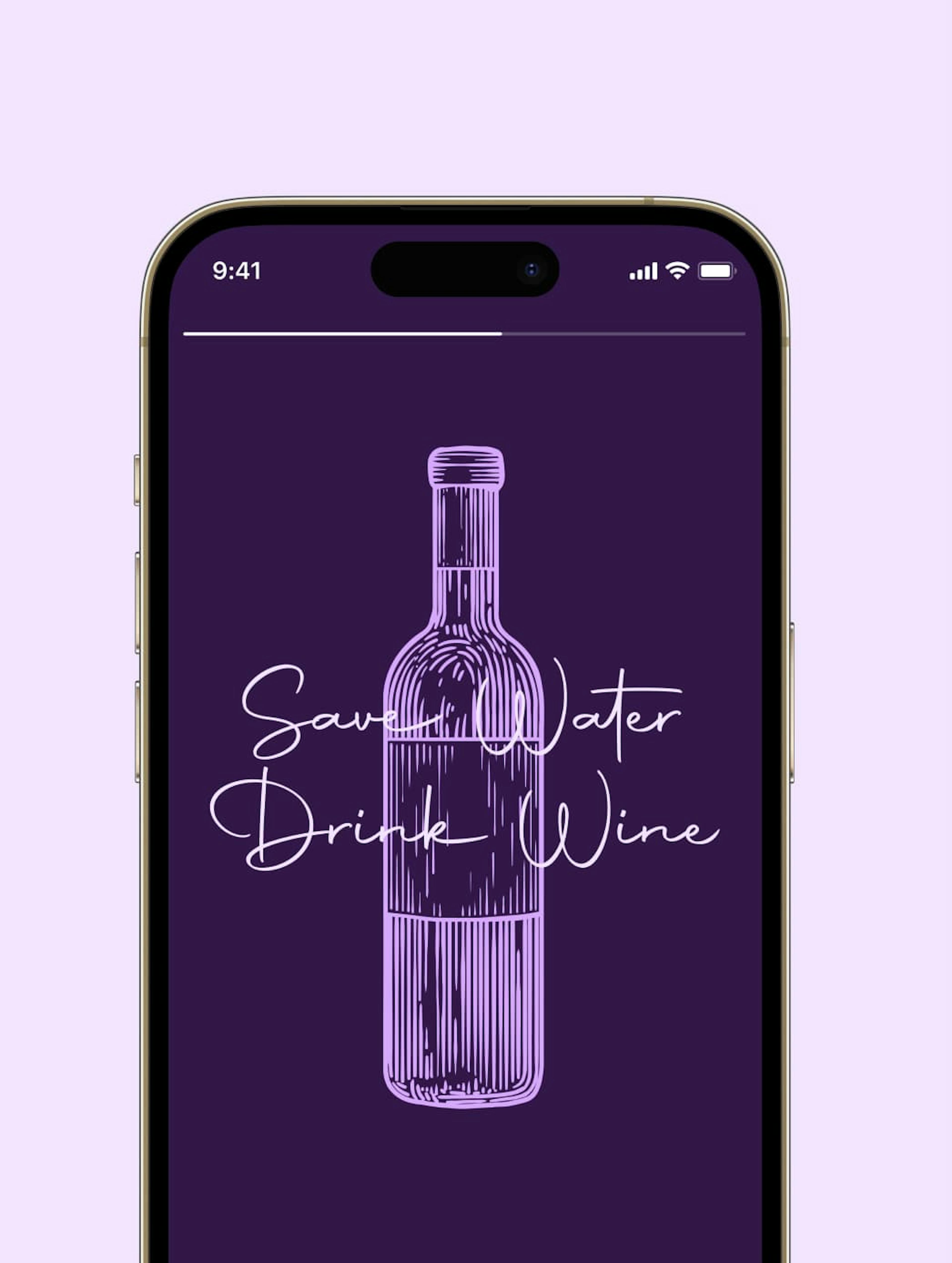 Mock Up eines Mobiltelefons zeigt Story, pinke Weinflasche auf lilanem Hintergrund, im Vordergrund steht "Love Water, Drink Wine"