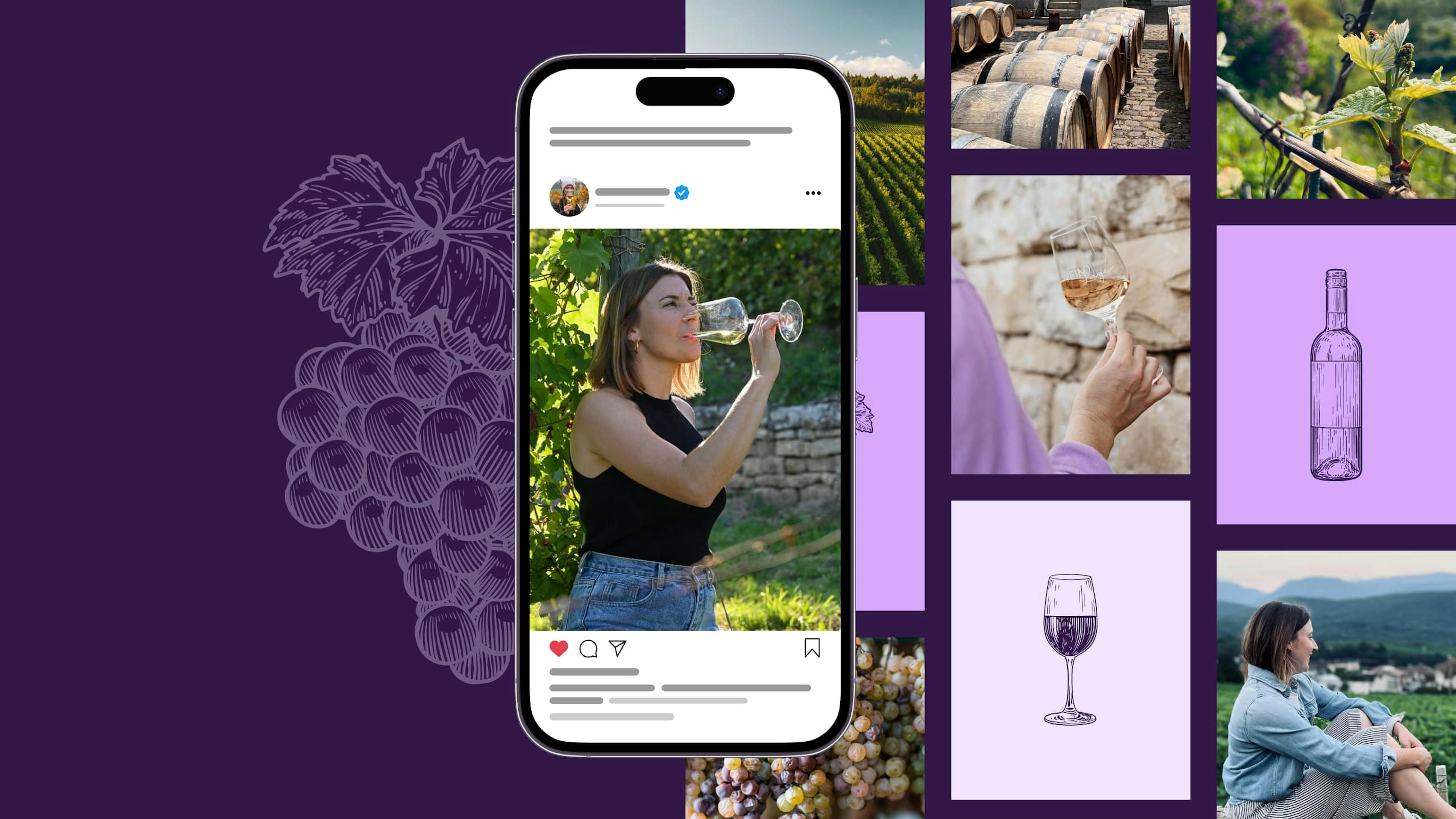 Mock Up eines Mobiltelefons auf dem ein Instagram Post von Lisa Riecker zu sehen ist, im Hintergrund befindet sich eine Illustration einer Weintraube und weitere Instagram-Postings gemischt mit weiteren Illustrationen