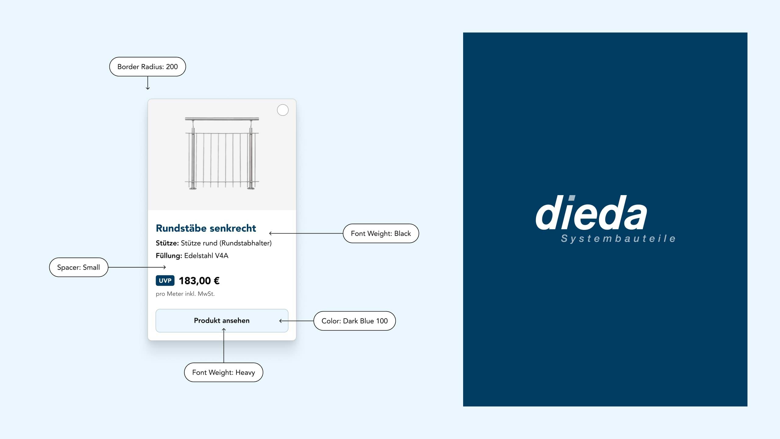 Präsentation der Design-Guidelines anhand einer Produktdetailseite eines Geländers von DIEDA