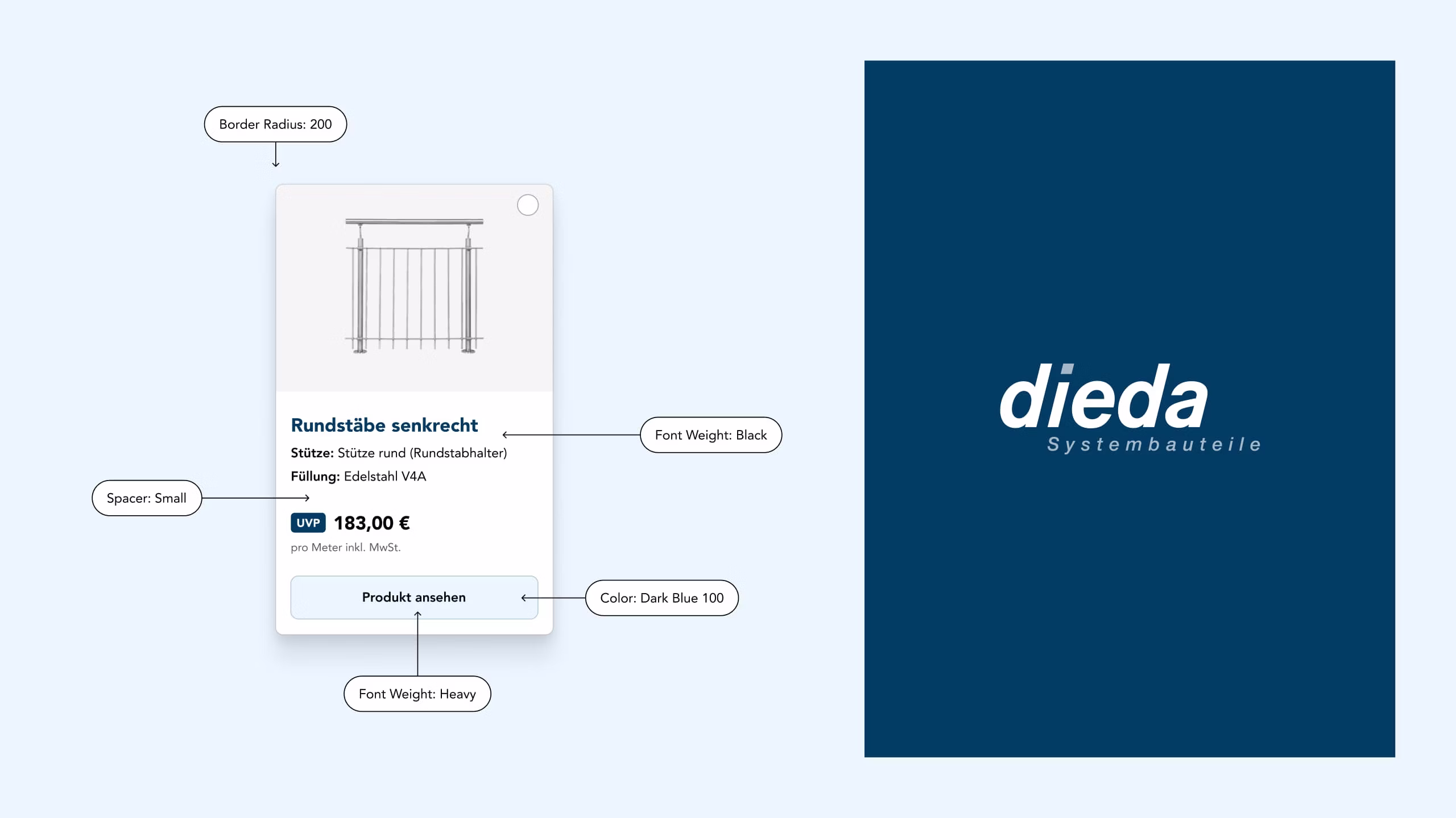 Präsentation der Design-Guidelines anhand einer Produktdetailseite eines Geländers von DIEDA