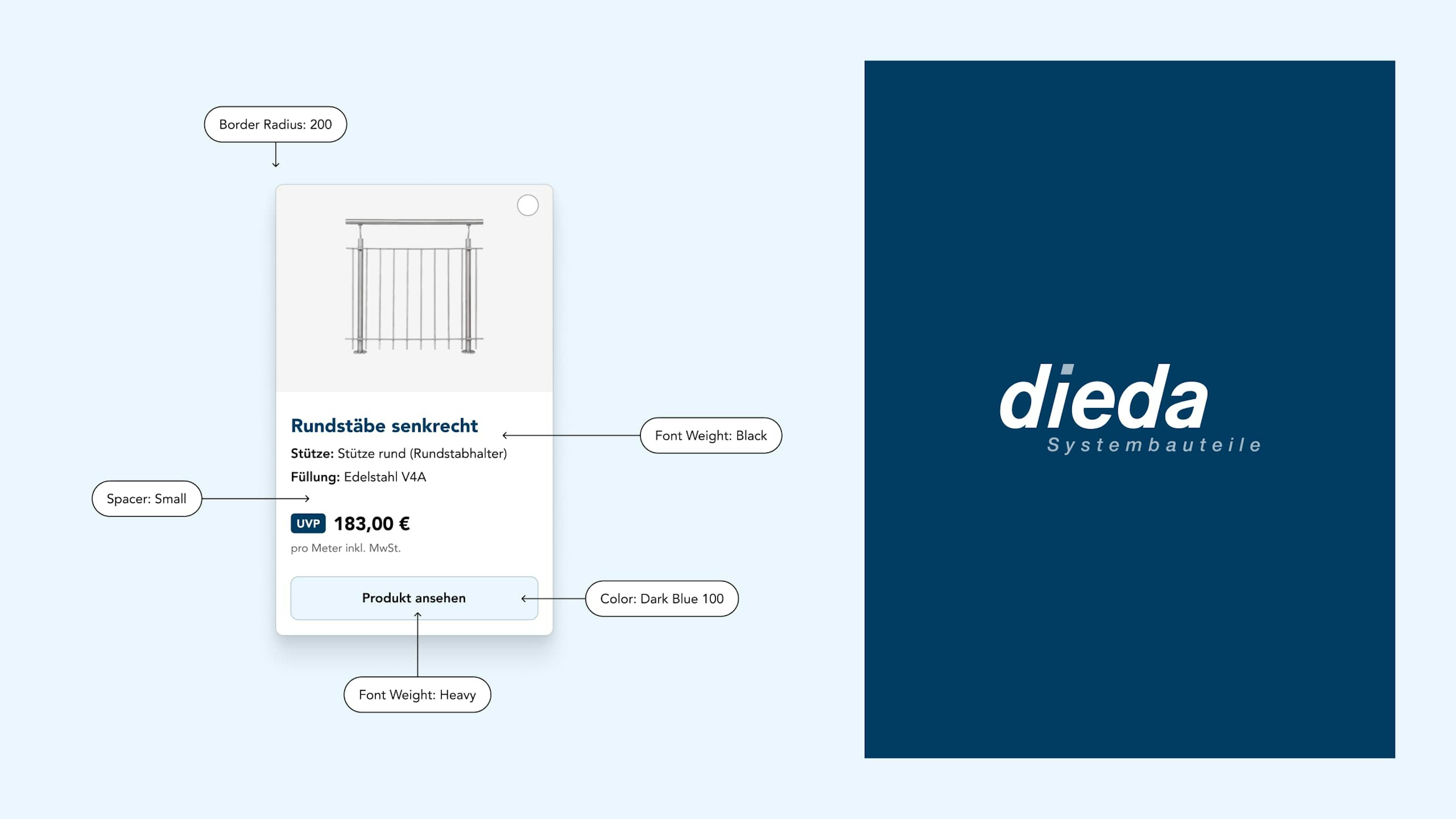 Präsentation der Design-Guidelines anhand einer Produktdetailseite eines Geländers von DIEDA