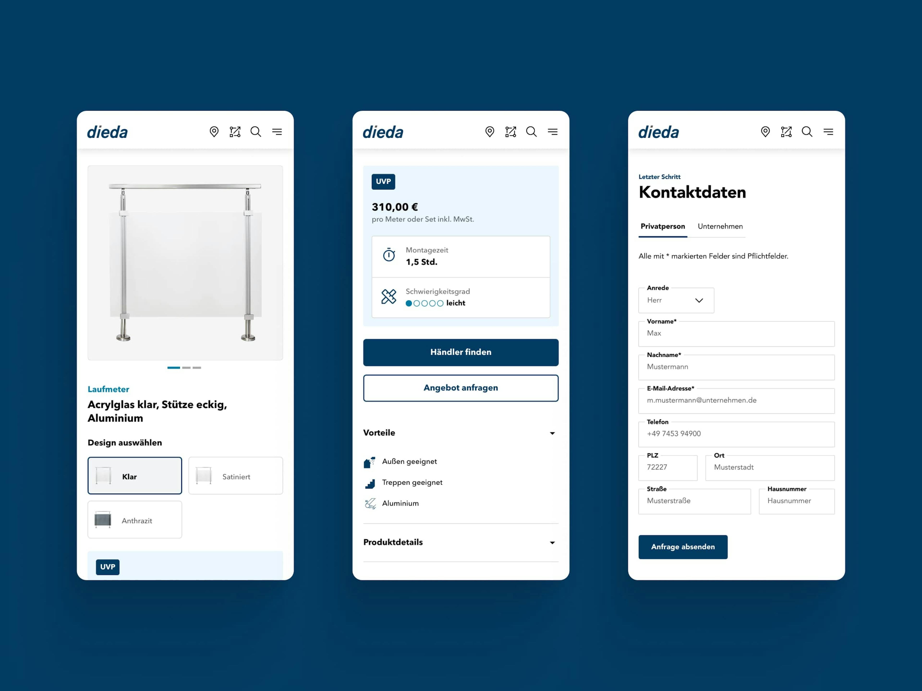 Mobile Screendesigns, auf denen eine Produktdetailseite, die Kontaktseite und die Produktdetails mit Händlersuche von DIEDA, zu sehen sind