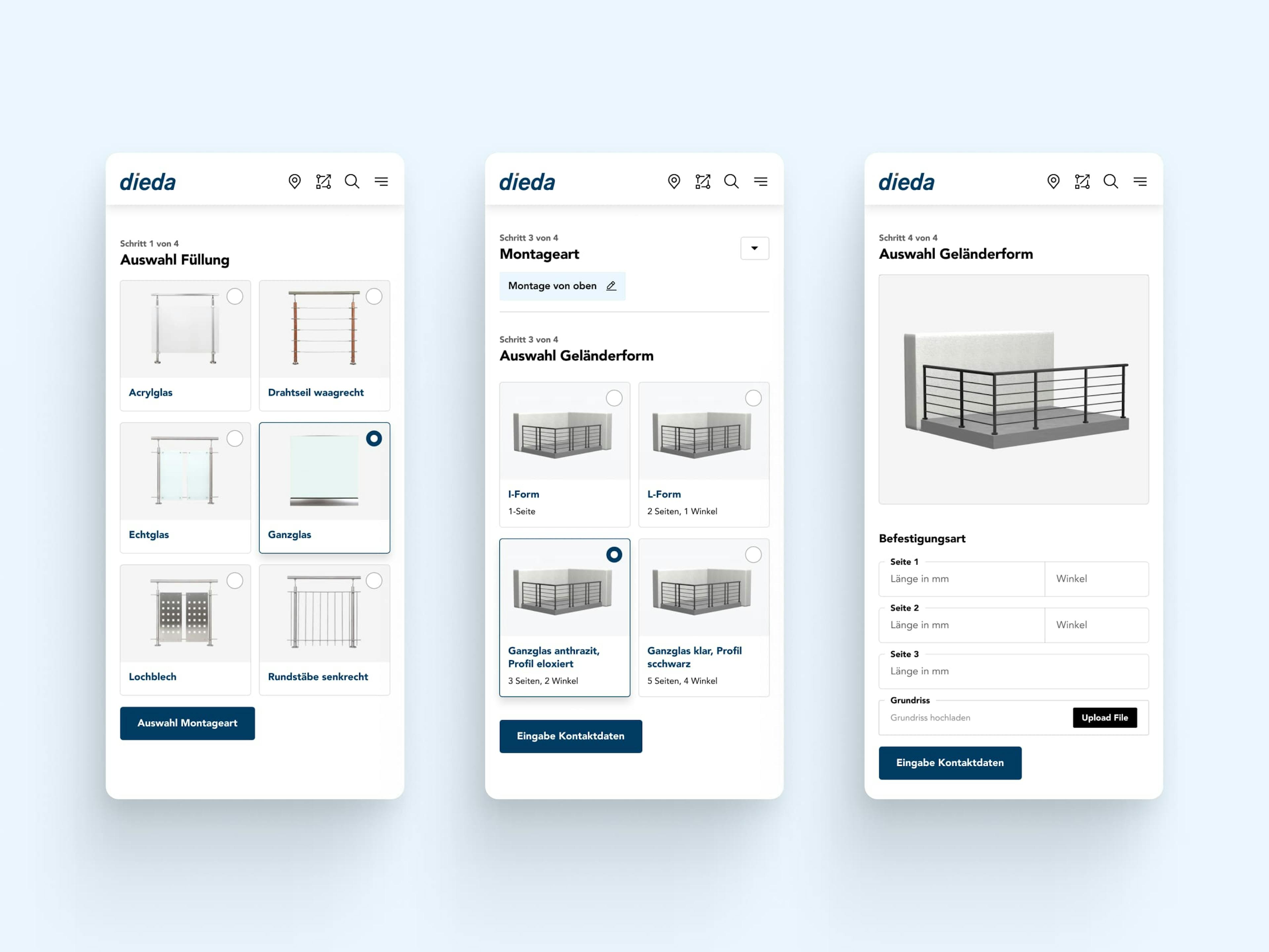 Mobile Screendesigns, auf denen der Produktfilter und das Planungstool von DIEDA, dem Geländer-Hersteller, zu sehen sind