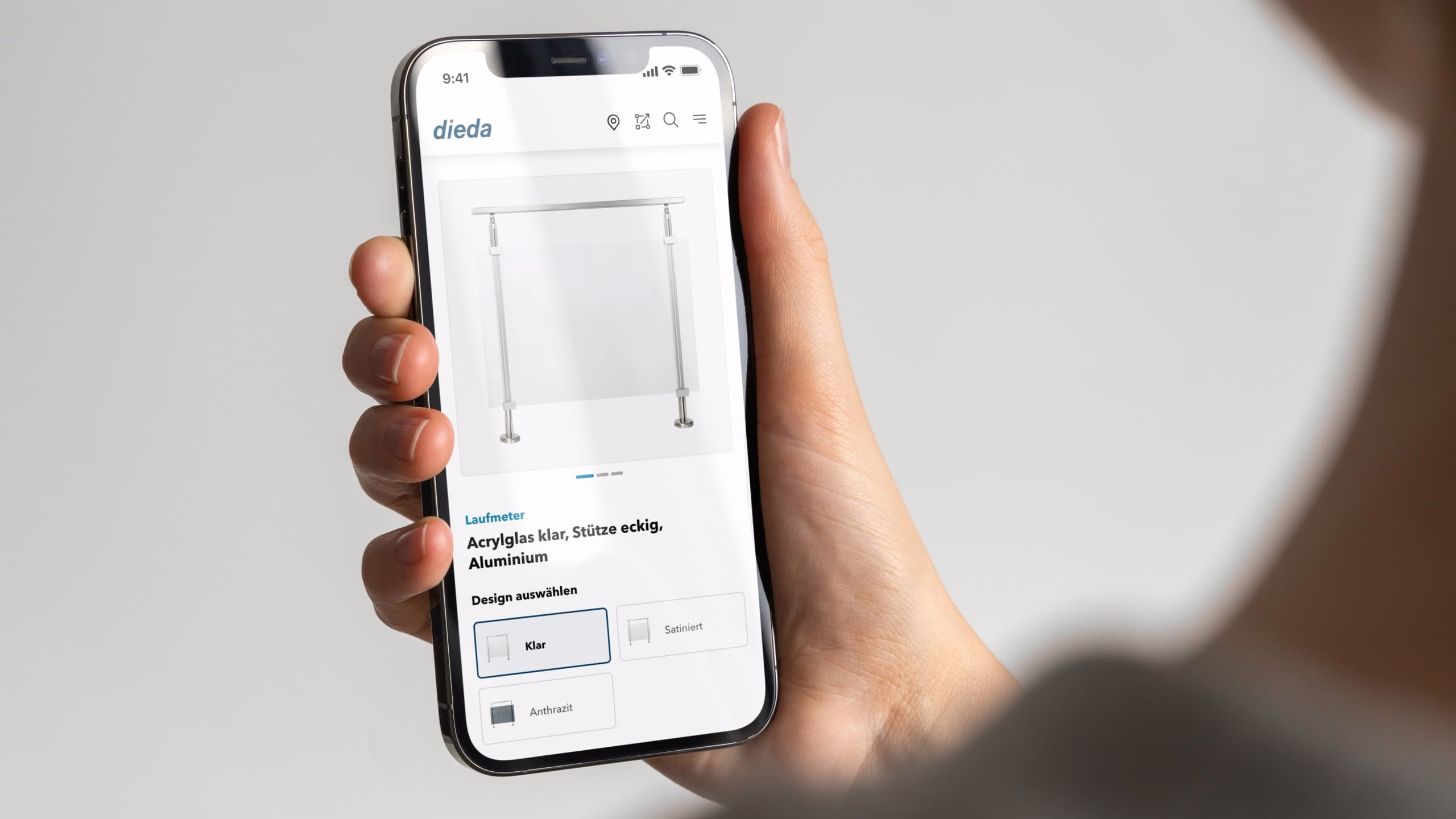 Mock Up eines Handys, zu sehen ist eine Produktdetailseite eines Geländers von DIEDA