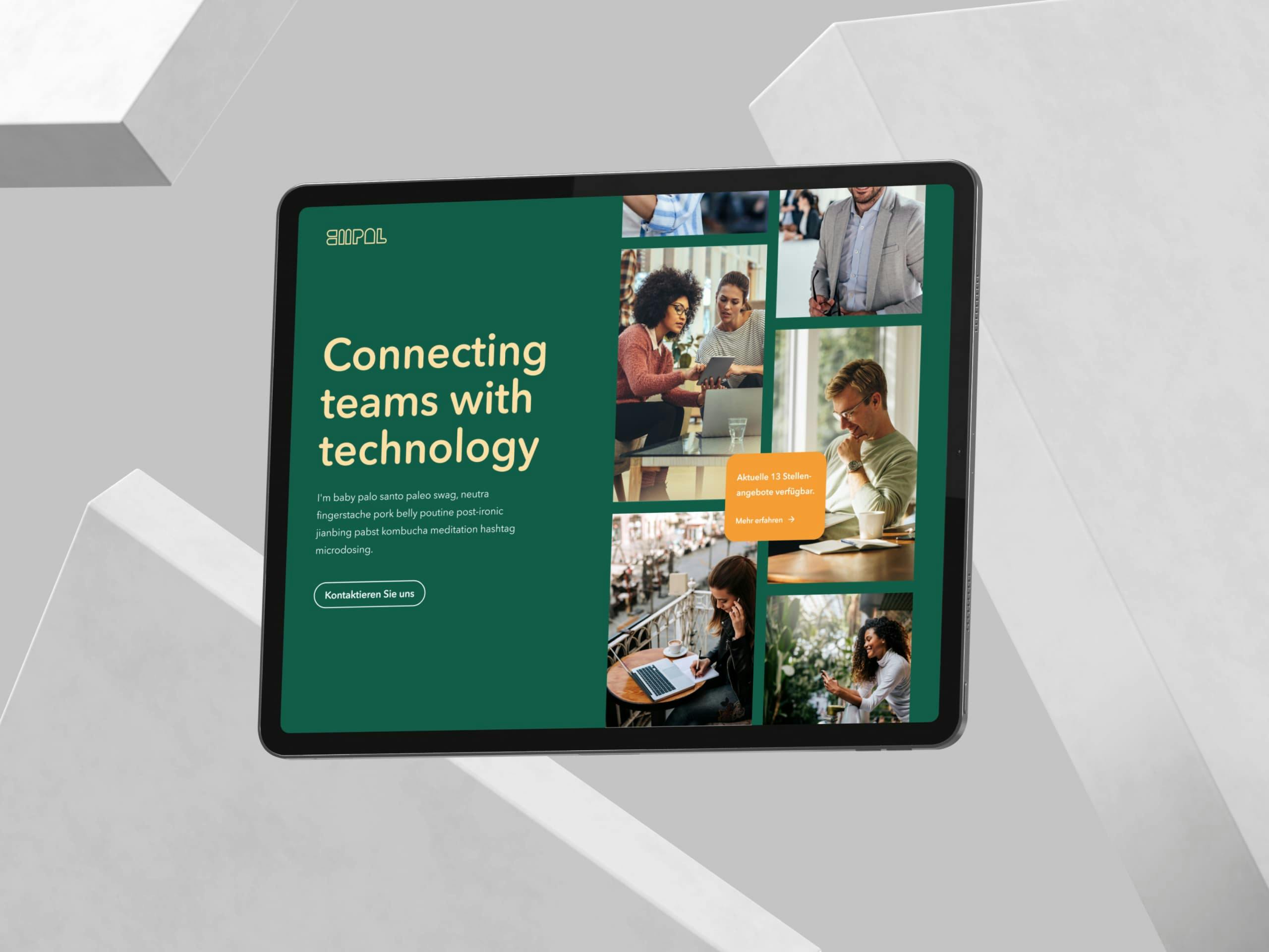 Mock Up eines Tablets, auf dem – neben der Headline "Connecting teams with technology – verschiedene Social-Media-Beiträge zu sehen sind