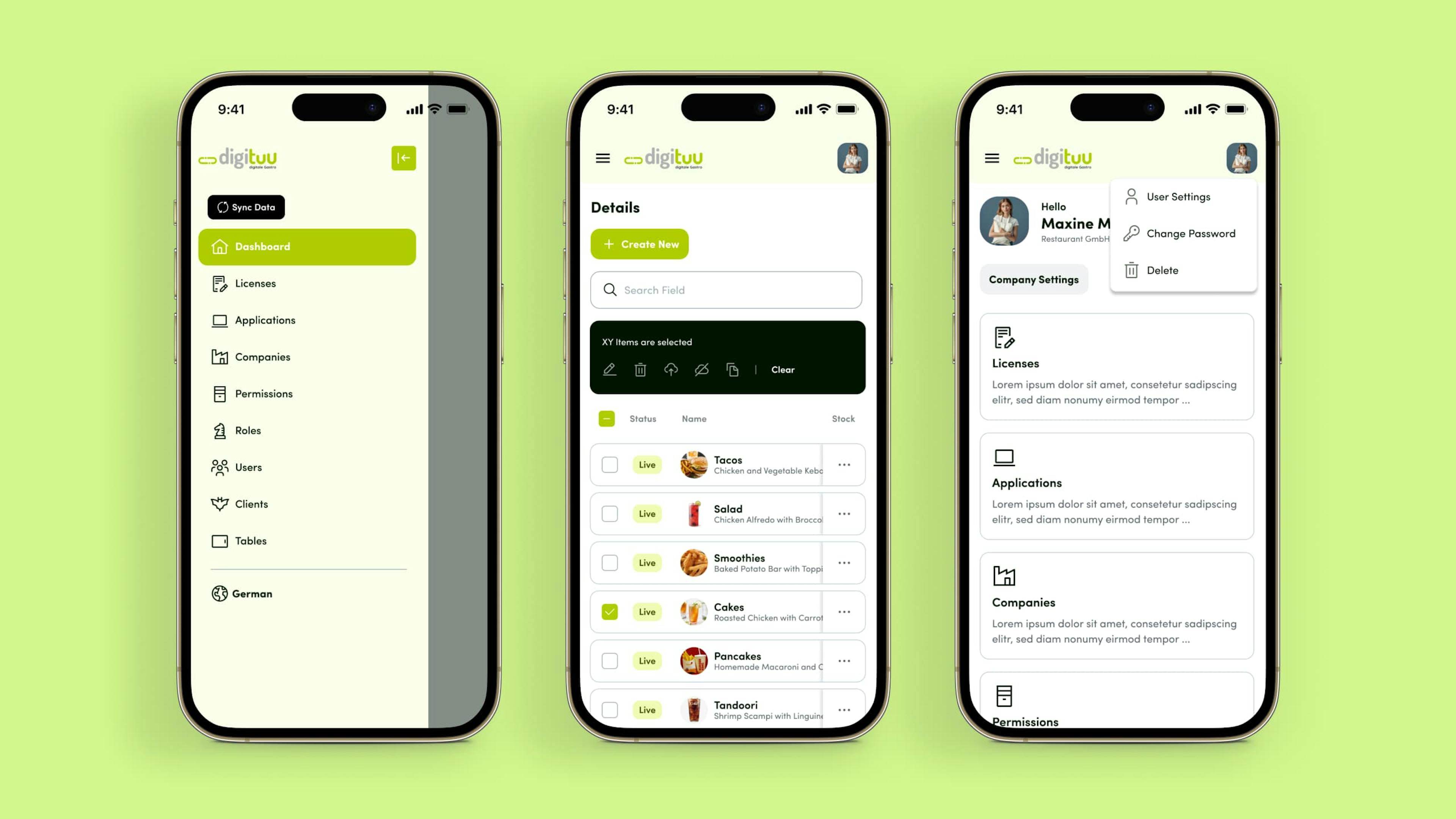 Drei mobile Mock Ups, auf denen die unterschiedlichen Detailseiten von Digituu zu sehen sind: Profil, Bestellungsdetails, Burger-Menü etc.