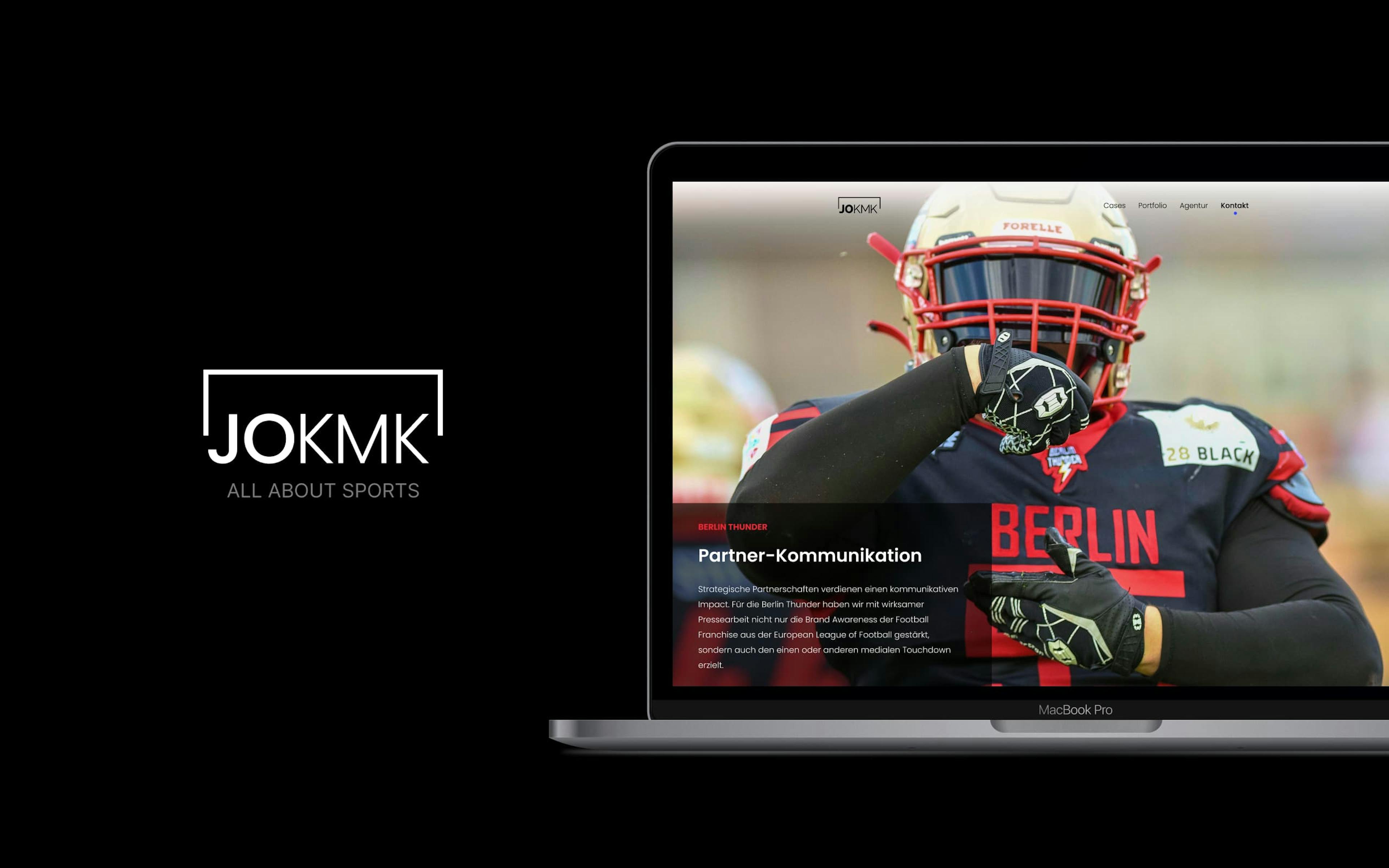 JOKMK Logo auf schwarzem Hintergrund neben Laptop auf dem die Berlin Thunder zu sehen sind – ein Footballteam aus Berlin 