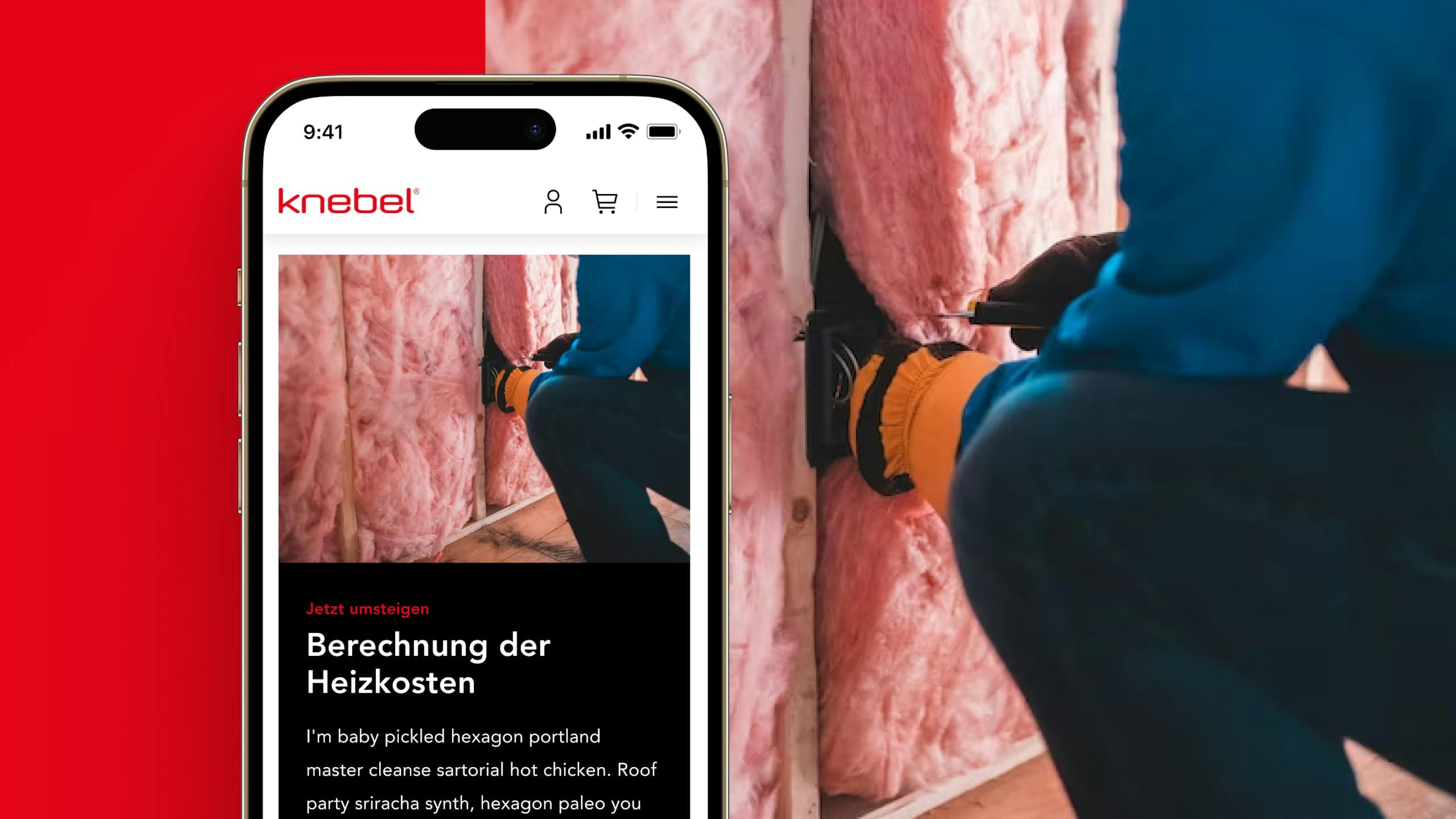 Mobiles Mock up mit Text-Bild-Modul eines Handwerkers über der Überschrift "Berechnung der Heizkosten"