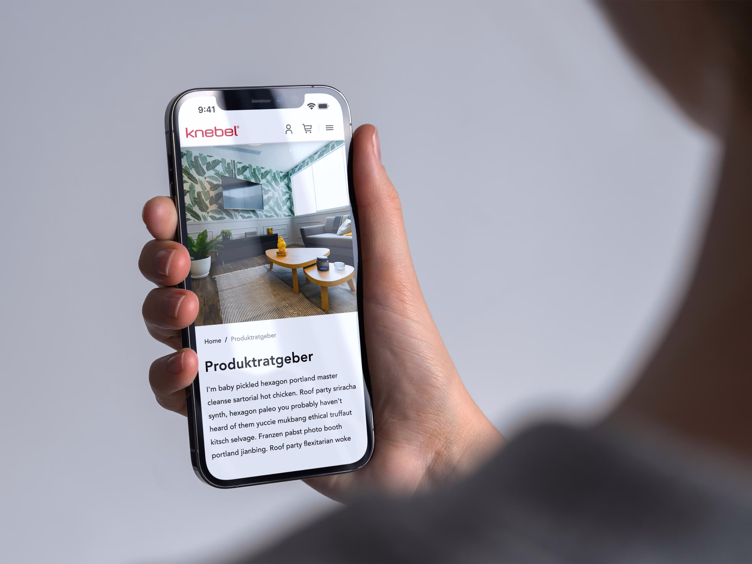Mock up eines Mobil-Telefons, auf dem der Produktratgeber von Knebel zu sehen ist.