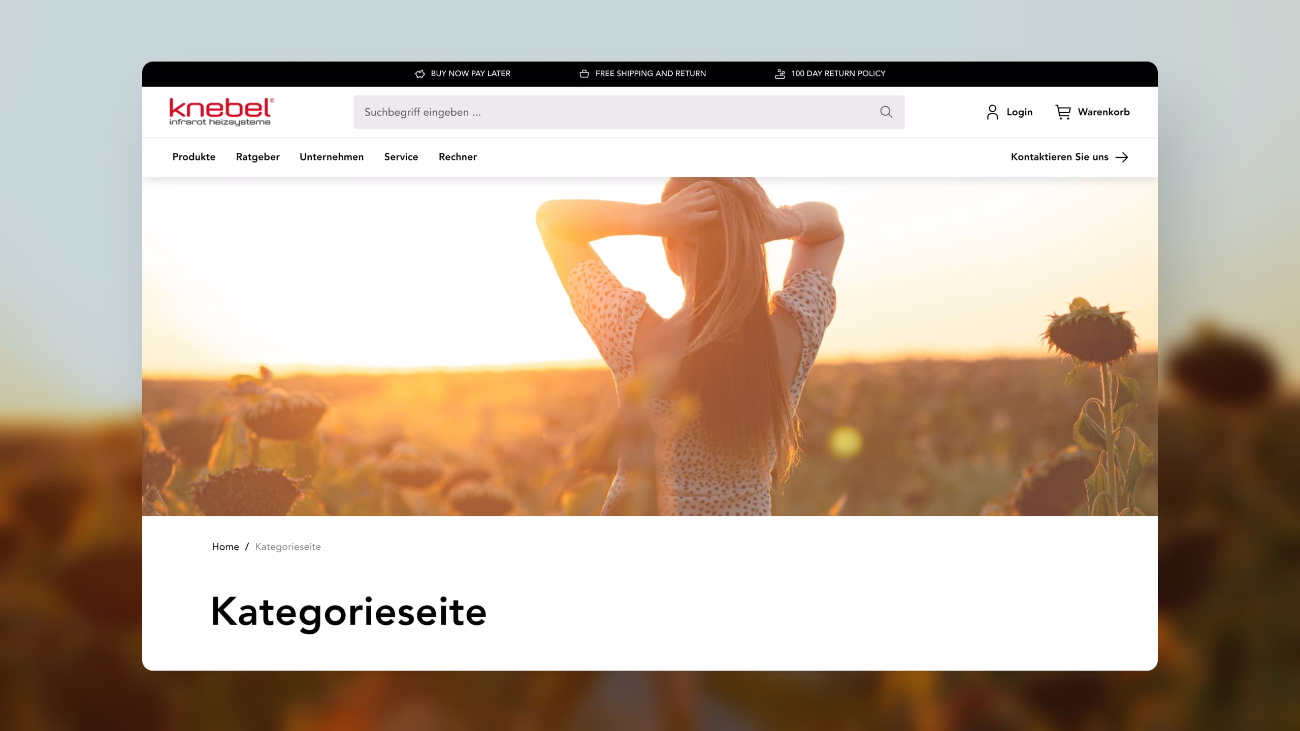 Screendesign zeigt die Kategorieseite von Knebel