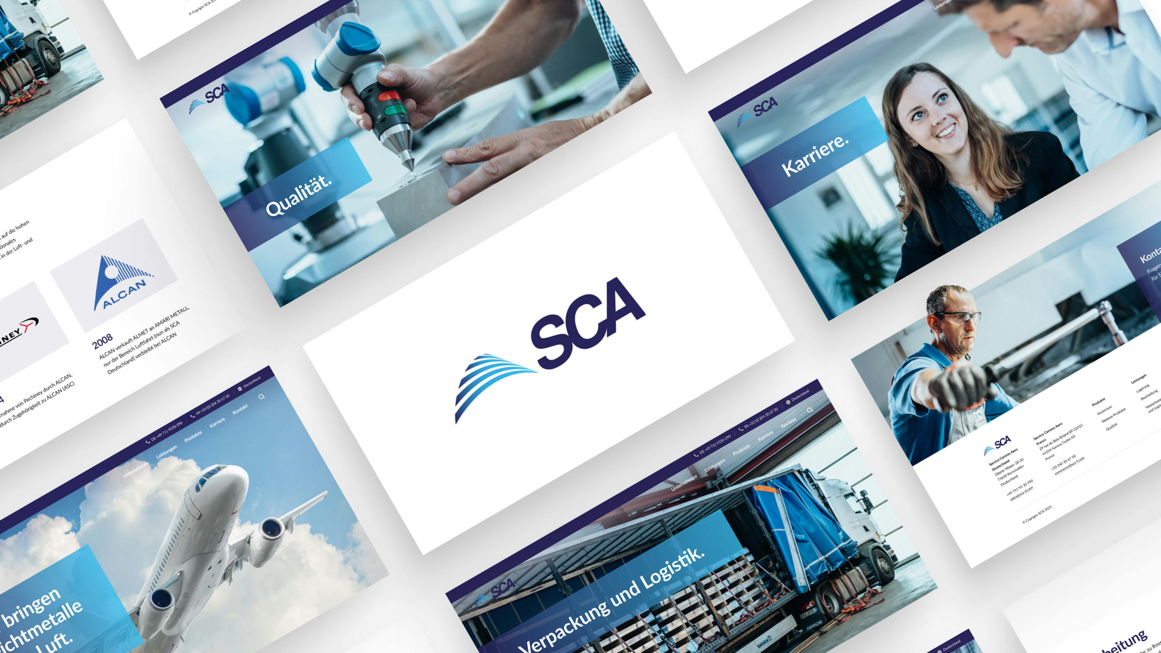 Screendesigns der SCA-Homepage auf weißem Hintergrund, SCA Logo in der Mitte