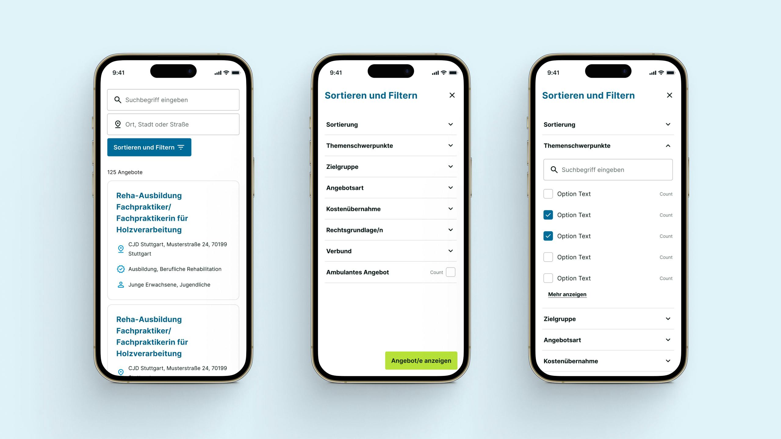 Drei Mobile Mockups zeigen die verschiedenen Interaktions- und Filtermöglichkeiten bei der Jobsuche