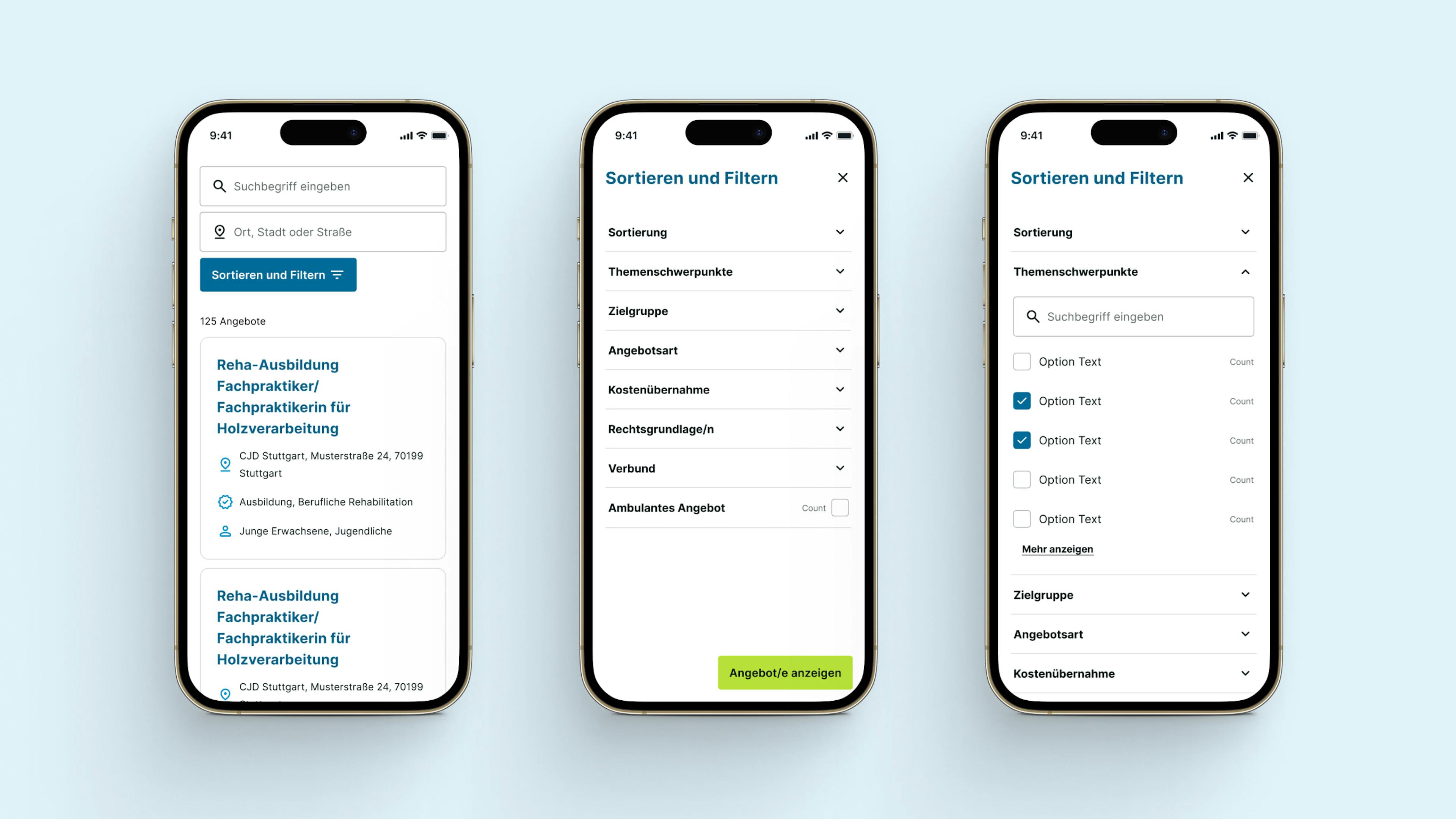 Drei Mobile Mockups zeigen die verschiedenen Interaktions- und Filtermöglichkeiten bei der Jobsuche