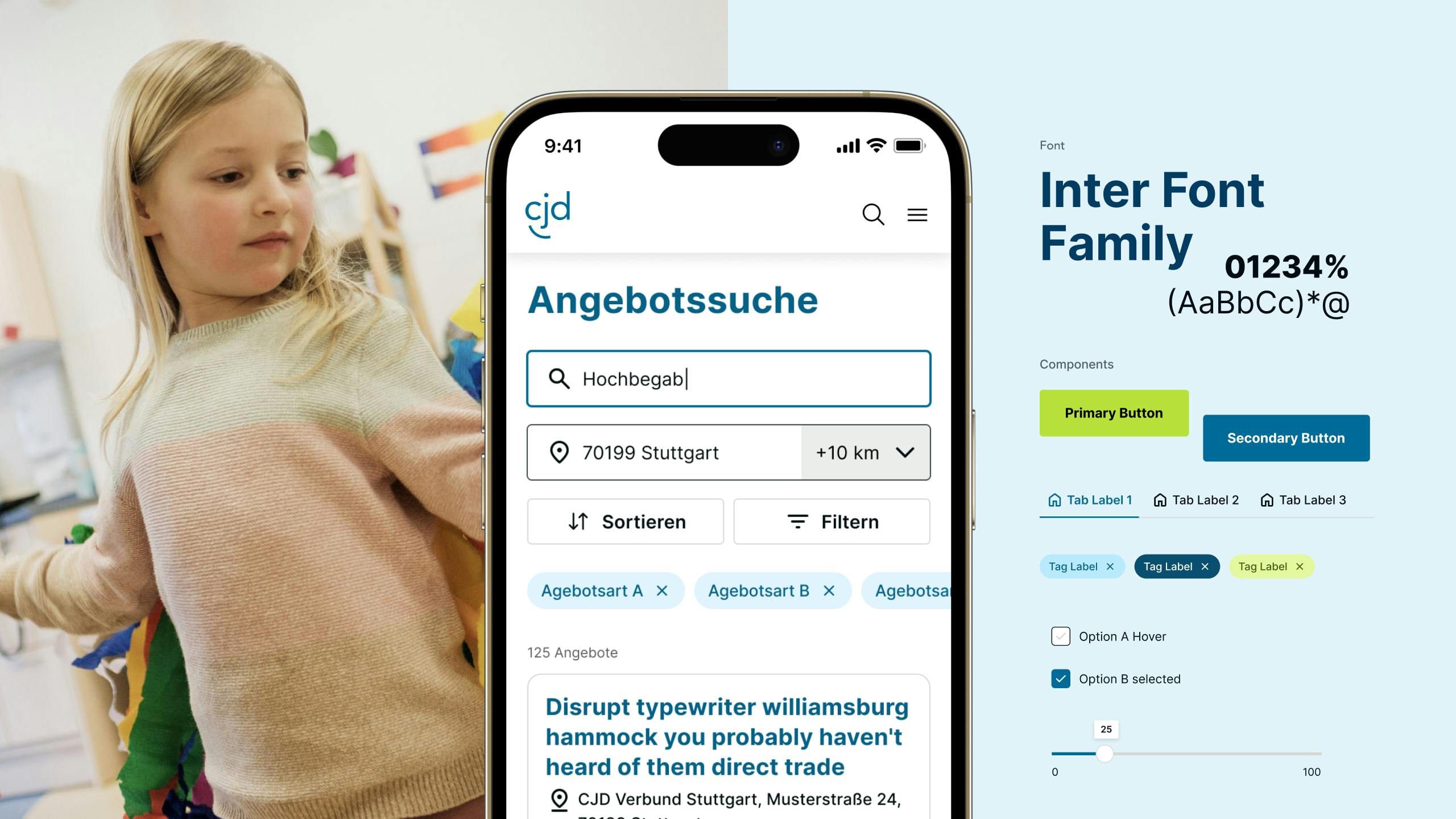 Schriftauswahl mit mobilem Mock up zur Visualisierung der Benutzeroberfläche der CJD Homepage