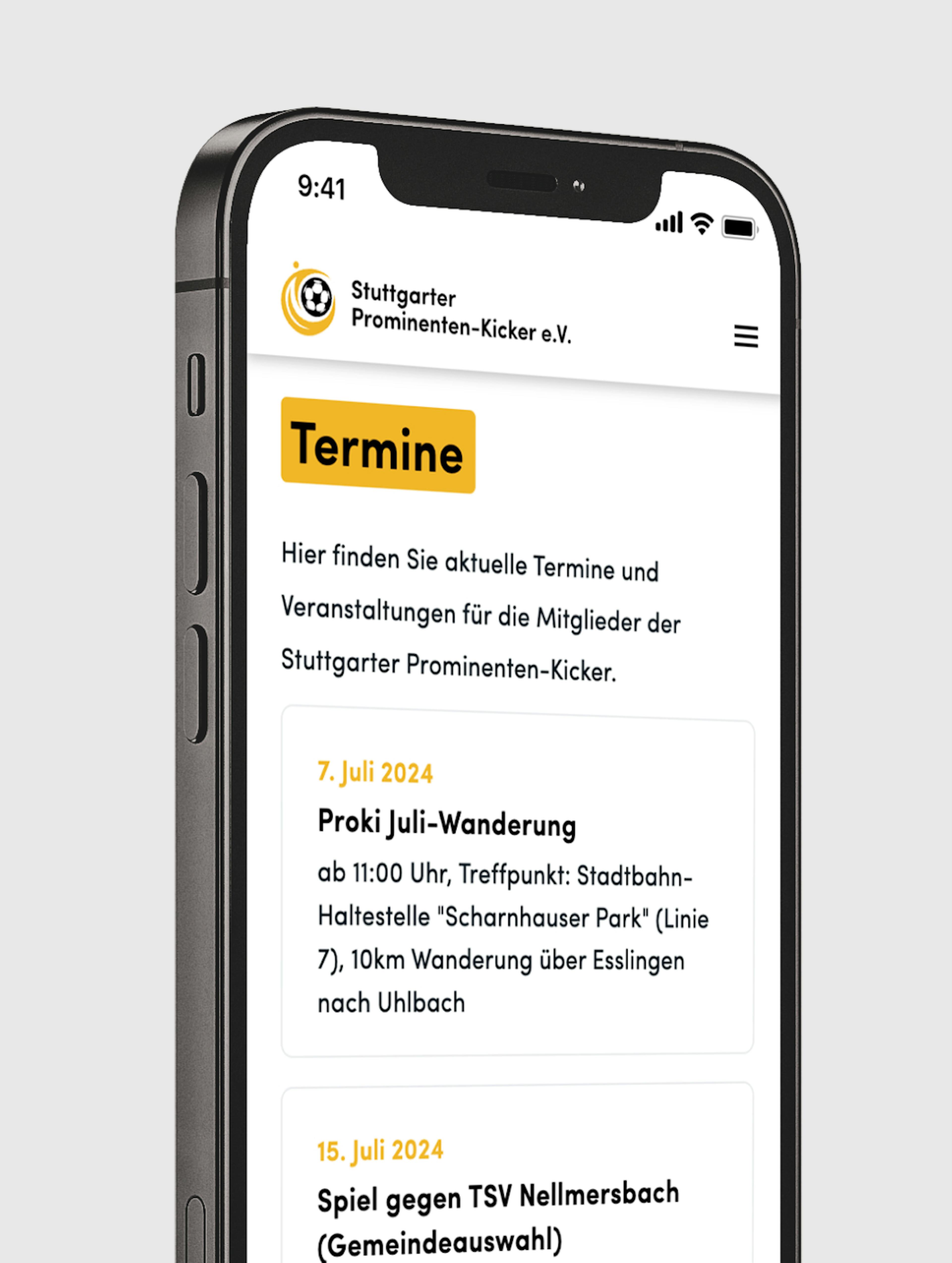 Screen auf mobiler Anwendung zeigt eine Terminübersicht der Prominenten Kickers