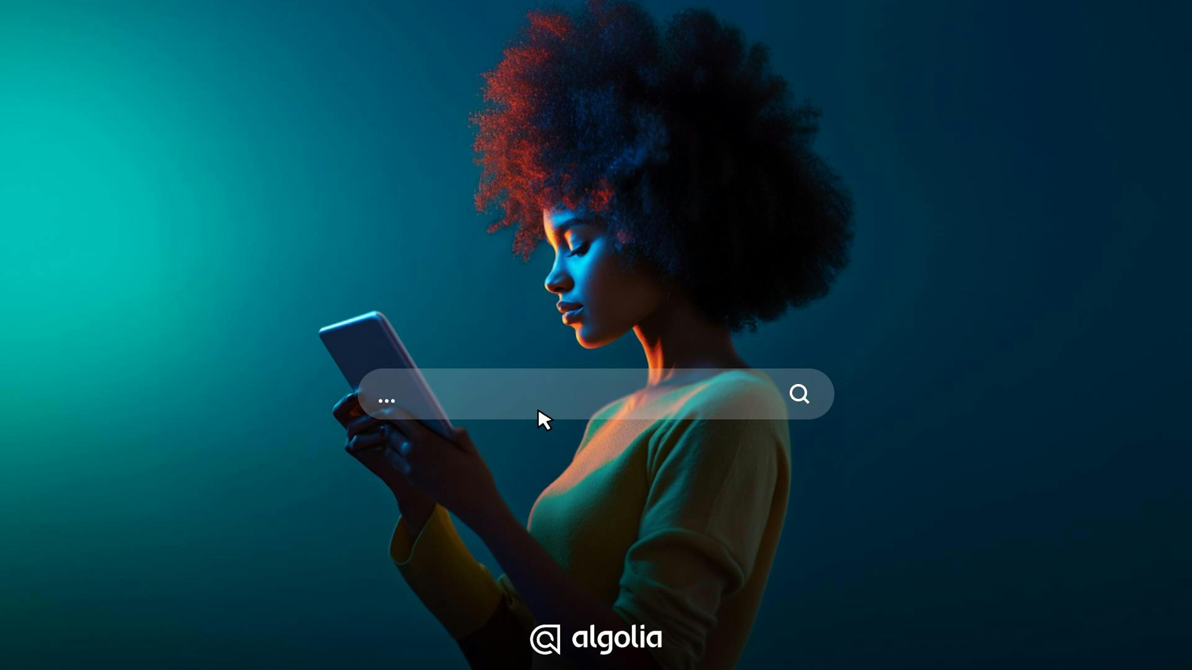 Cover des Algolia Artikels zeigt Suchleiste vor dem Hintergrund, auf dem eine Frau mit Tablet abgebildet ist über der Bildunterschrift "Algolia"