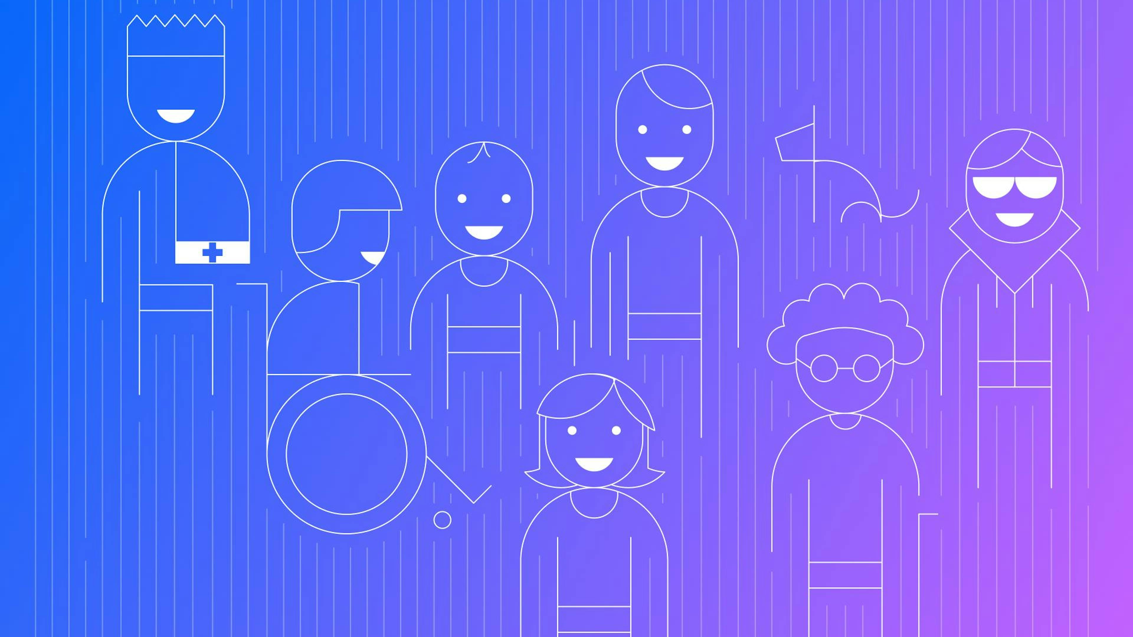 Titelbild des "Inclusive Design"-Artikels zeigt eine Illustration von Personen mit verschiedenen Einschränkungen, bspw. eine blinde Person, eine Person im Rollstuhl, eine ältere Person, ein Kind, eine Person mit Sehschwäche usw. 