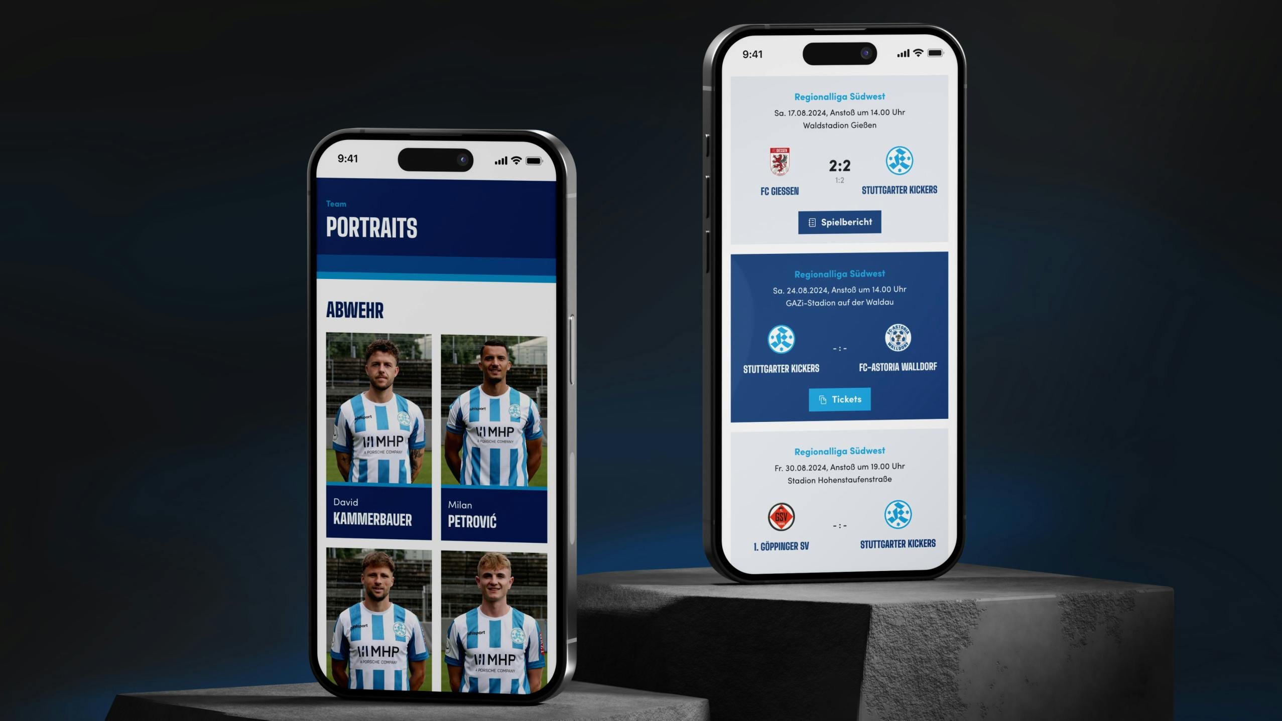 Zwei Screendesigns zeigen die Spielerportraits der Spieler aus dem Kader der Stuttgarter Kickers und eine Übersicht zu Spielberichten und Tickets für kommende Spiele