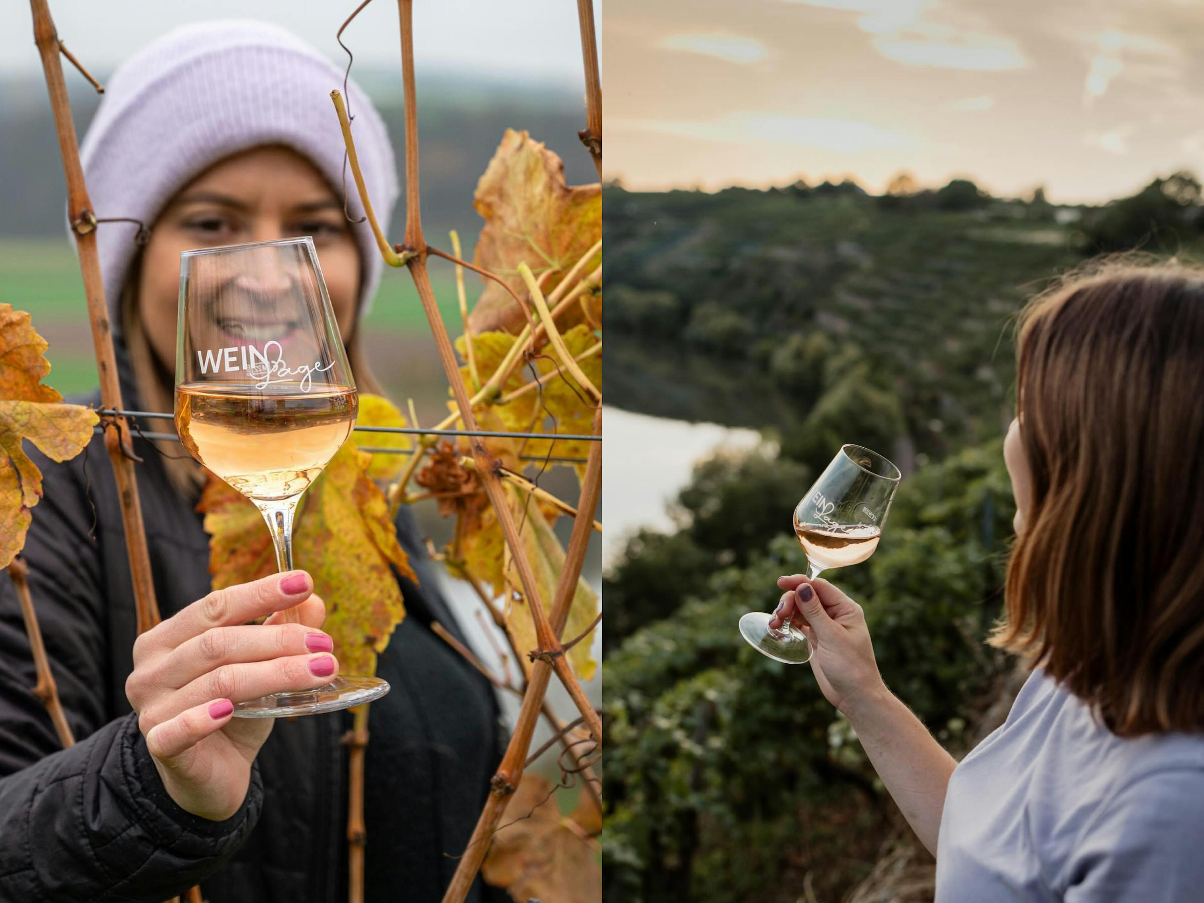 Zwei Bilder von Lisa Riecker mit einem Weinglas in der Hand in den Weinbergen