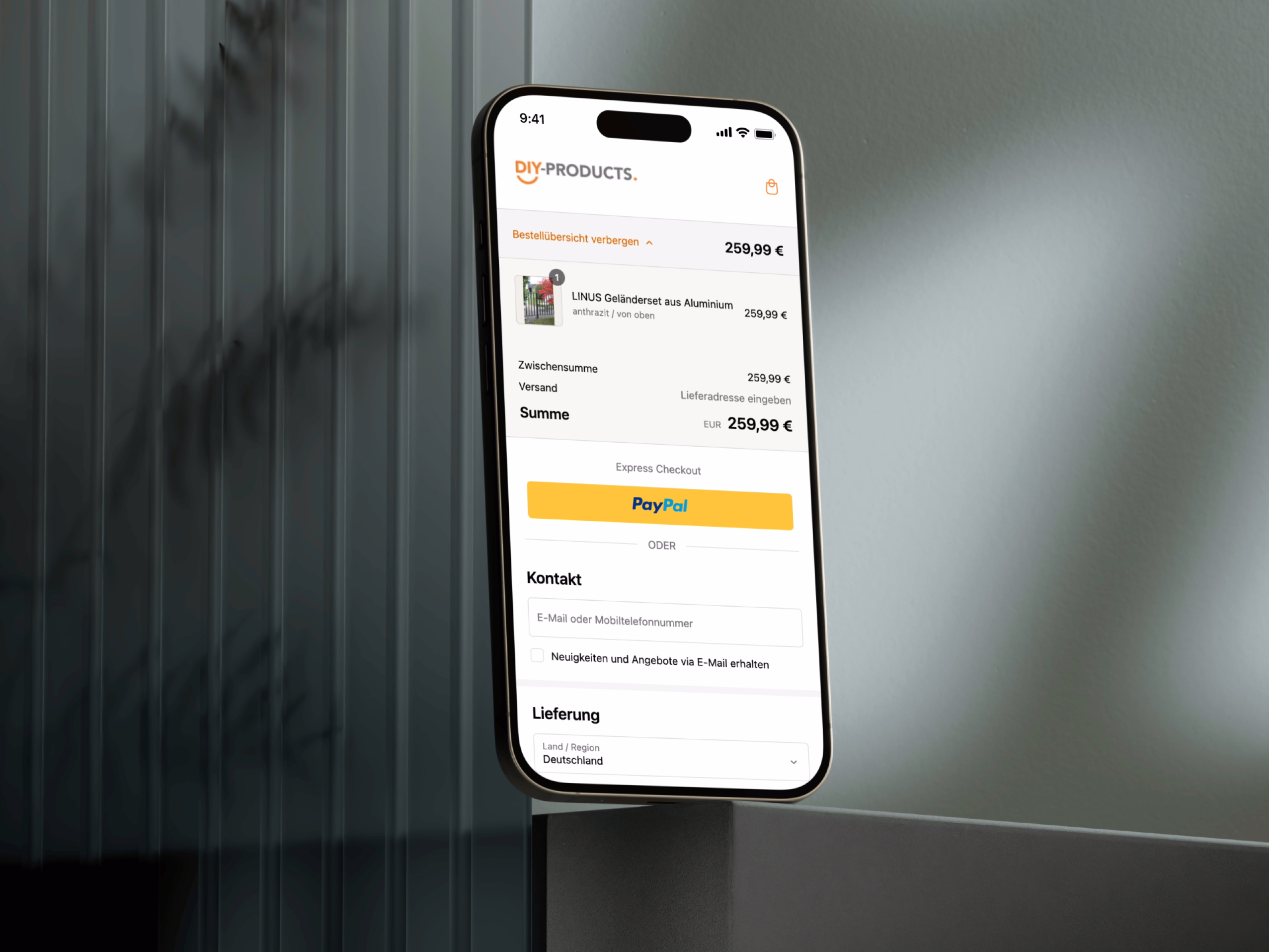 Screendesign der Artikelübersichtsseite vor dem Kauf, DIY Products