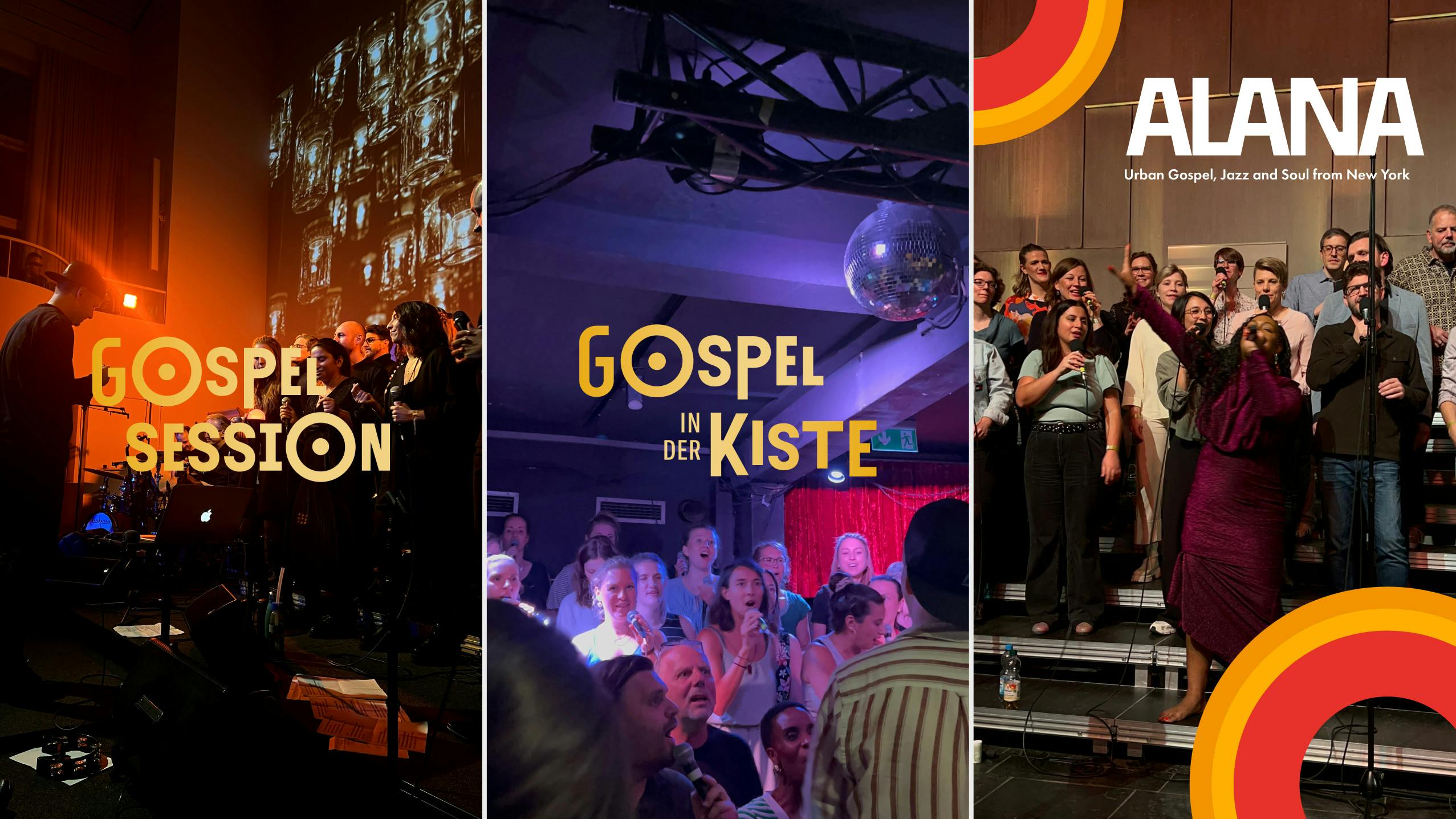 Dreigeteilte Grafik zeigt Gospel Session, Gospel in der Kiste und den Auftritt mit Alana Alexander