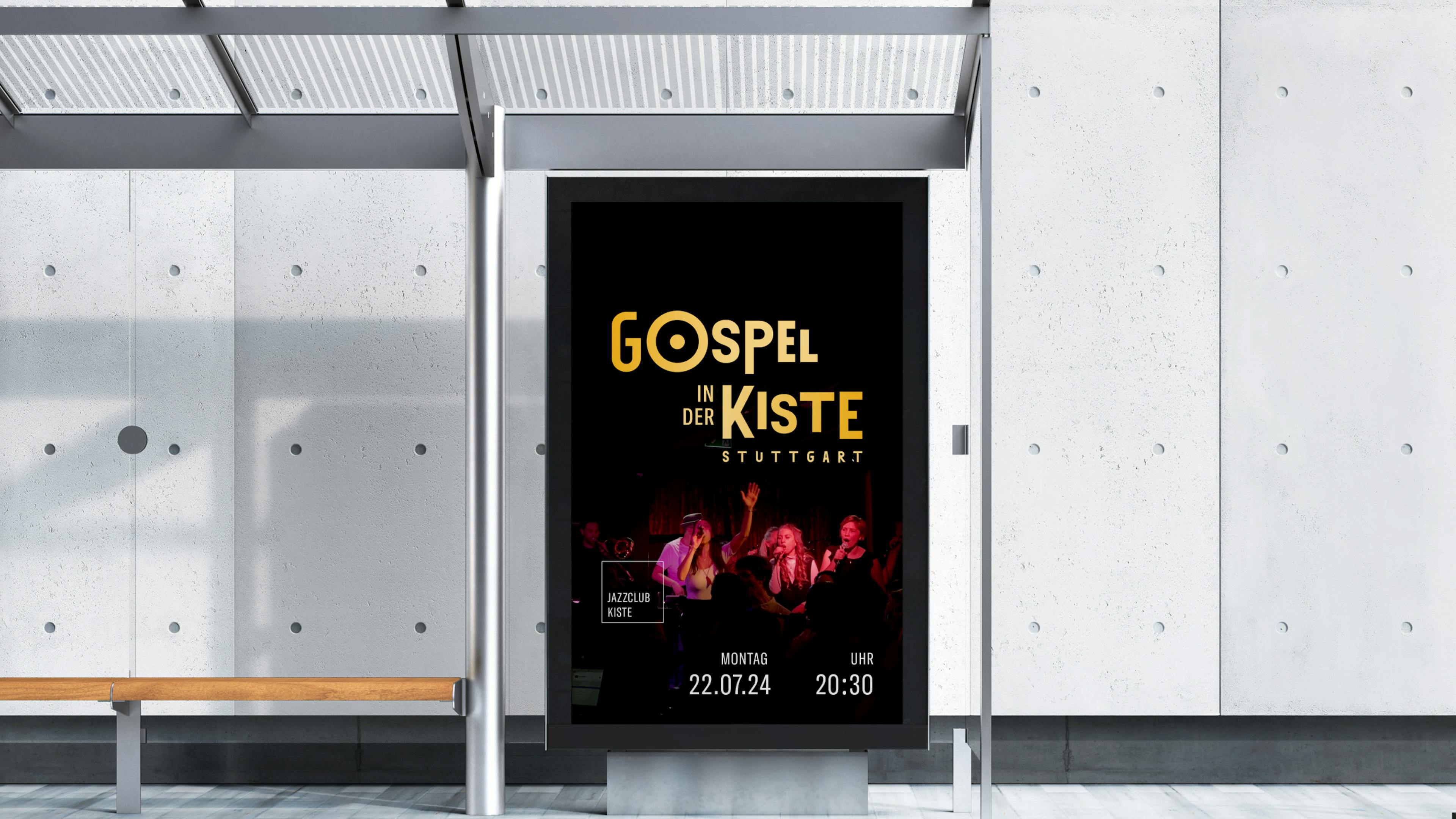 Gospel in der Kiste Plakatentwurf an einer Bushaltestelle in Stuttgart Ost