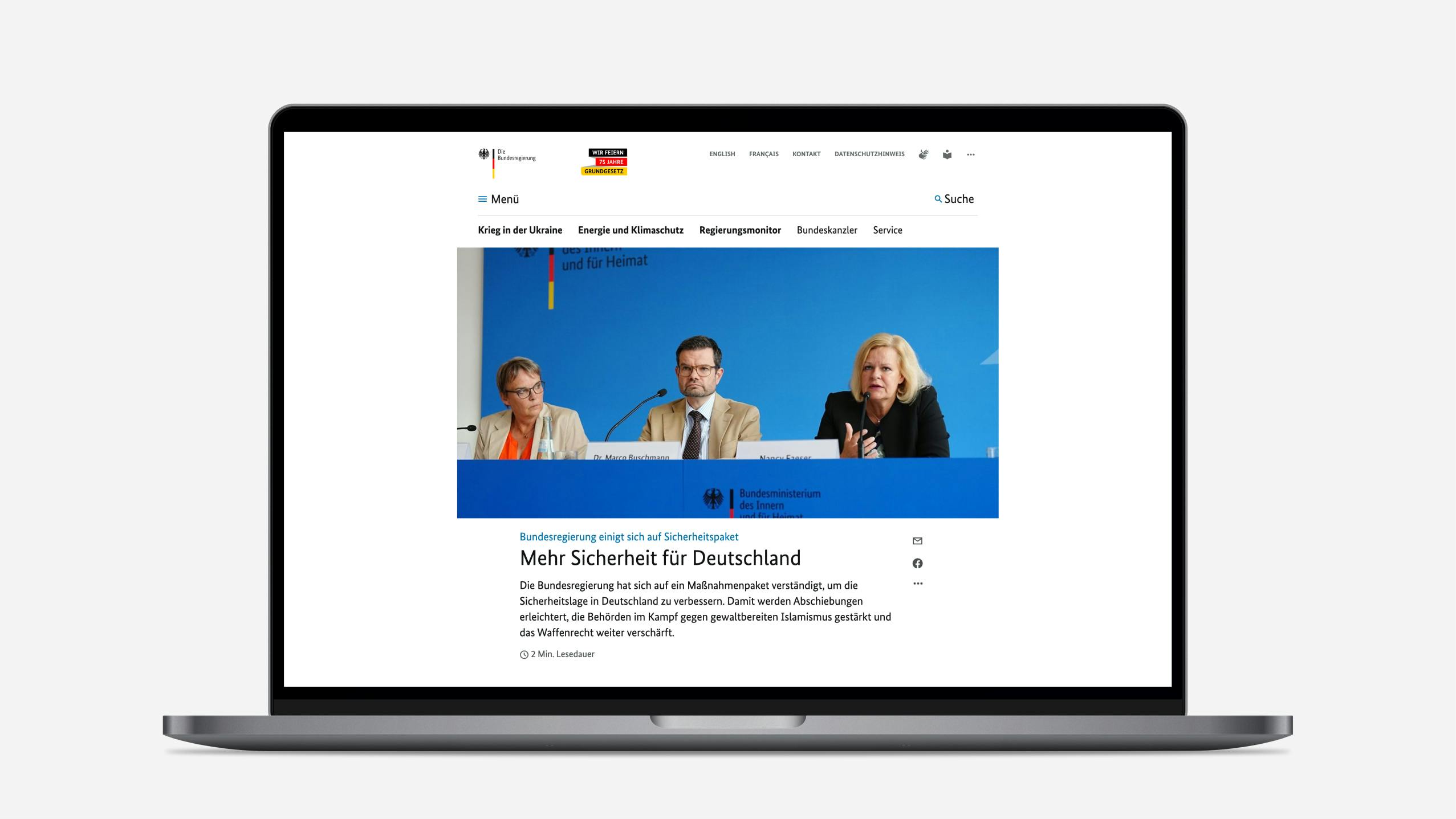 Bild der Website der deutschen Bundesregierung als Desktopanwendung