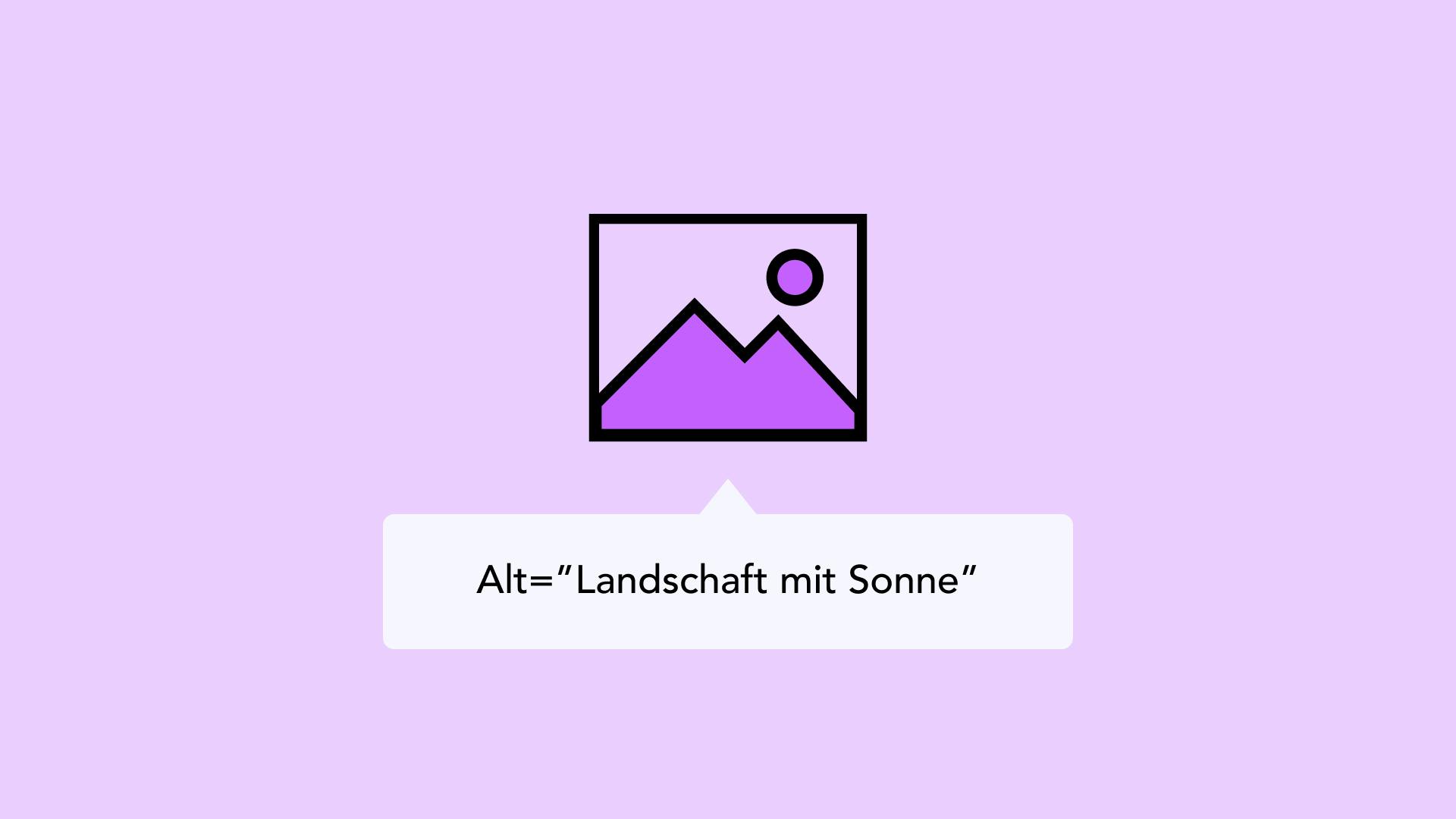 Abbildung zeigt das Icon eines Bildes mit der Bildunterschrift: "Alttext = Landschaft mit Sonne"