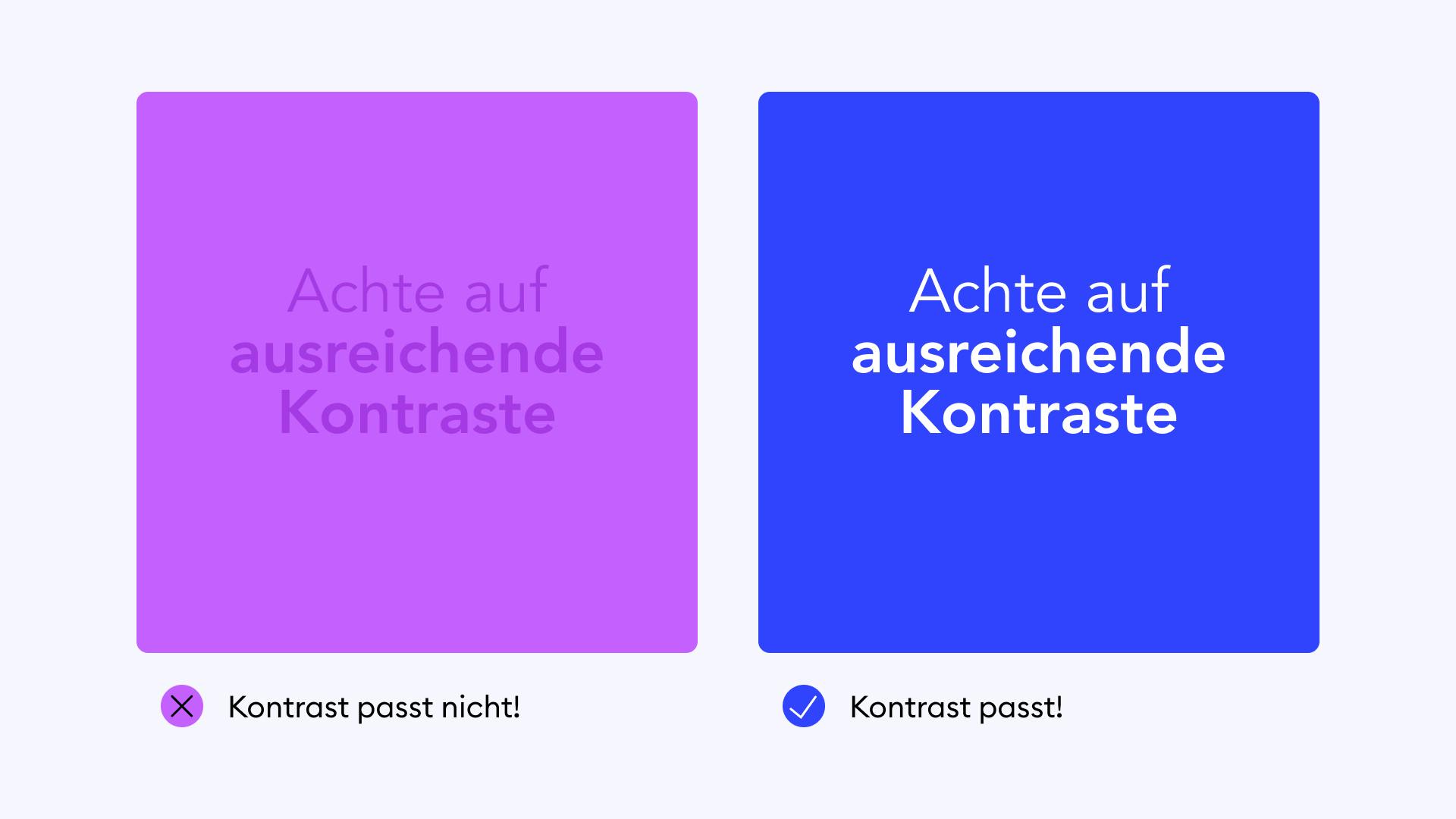 Abbildung zeigt, wie Farb-Kontraste nicht sein sollten und wie sie im barrierefreien Design sein sollten – Besonders stark!