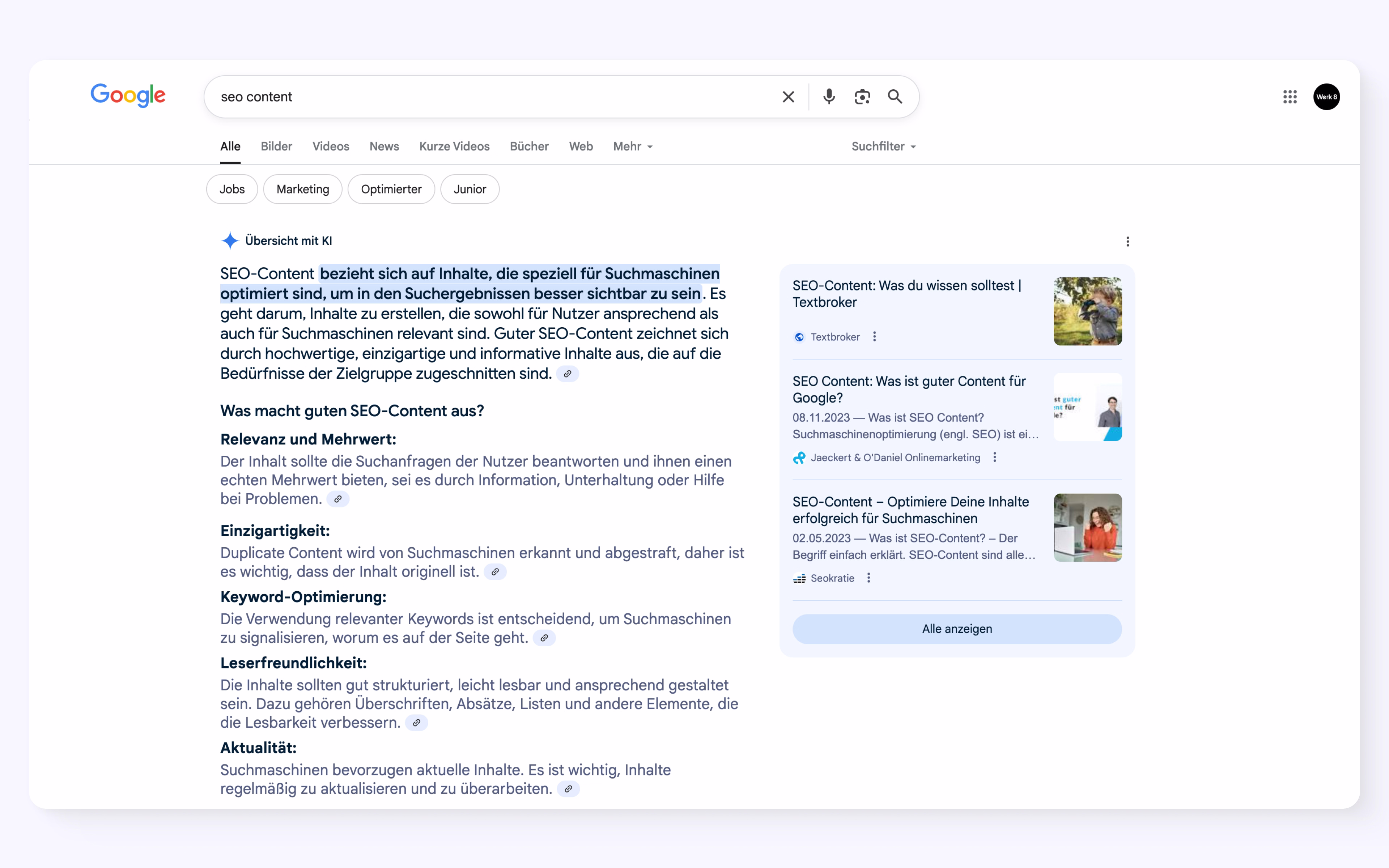 Google-Screenshot zu SEO-Content zeigt AI Overviews mit Definition, Kriterien und Artikellinks