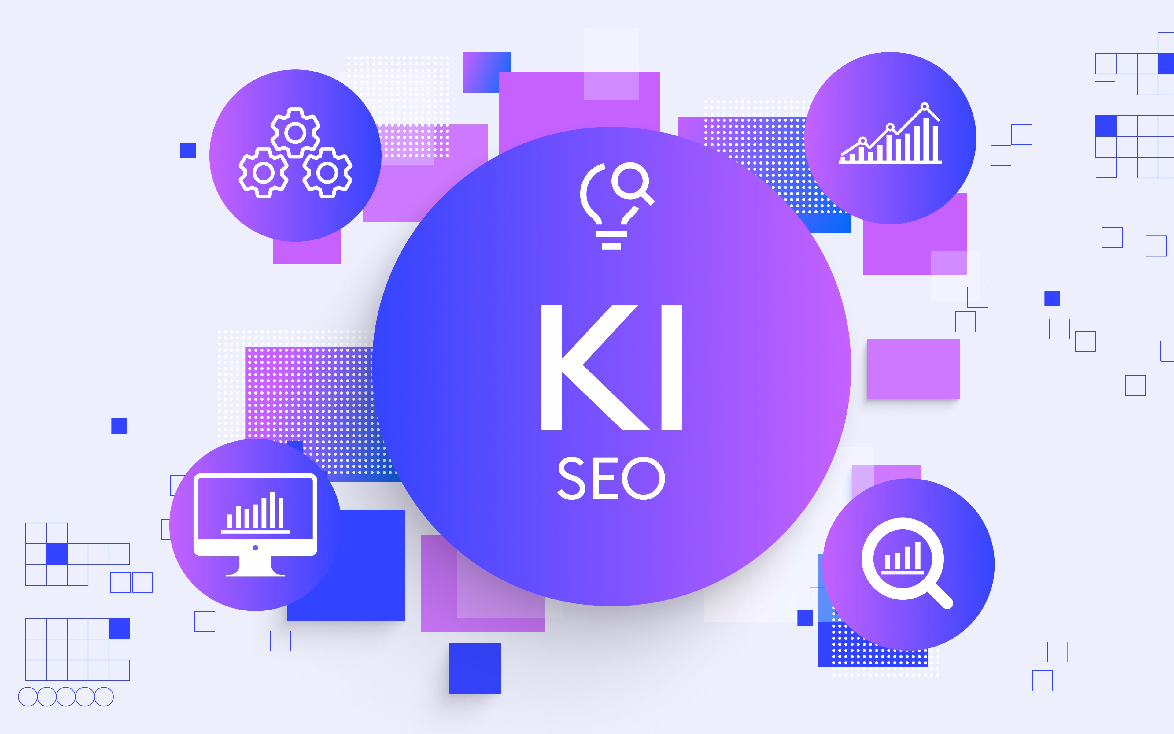 Zentrales KI-SEO-Logo, umgeben von Icons für Analyse, Diagramme, Zahnräder und Monitor