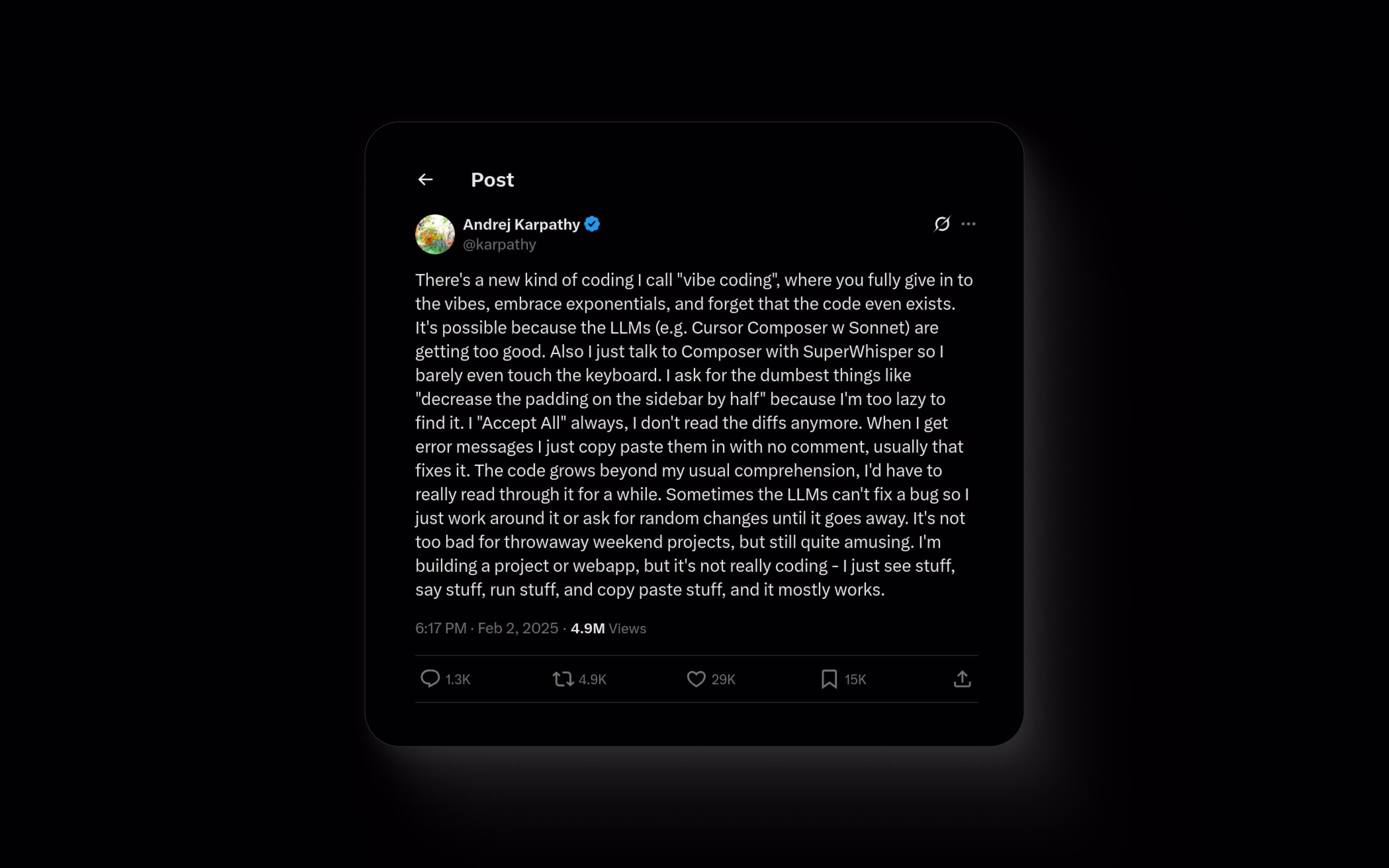 Tweet von Andrej Karpathy über „Vibe Coding“ und KI-unterstützte Softwareentwicklung.