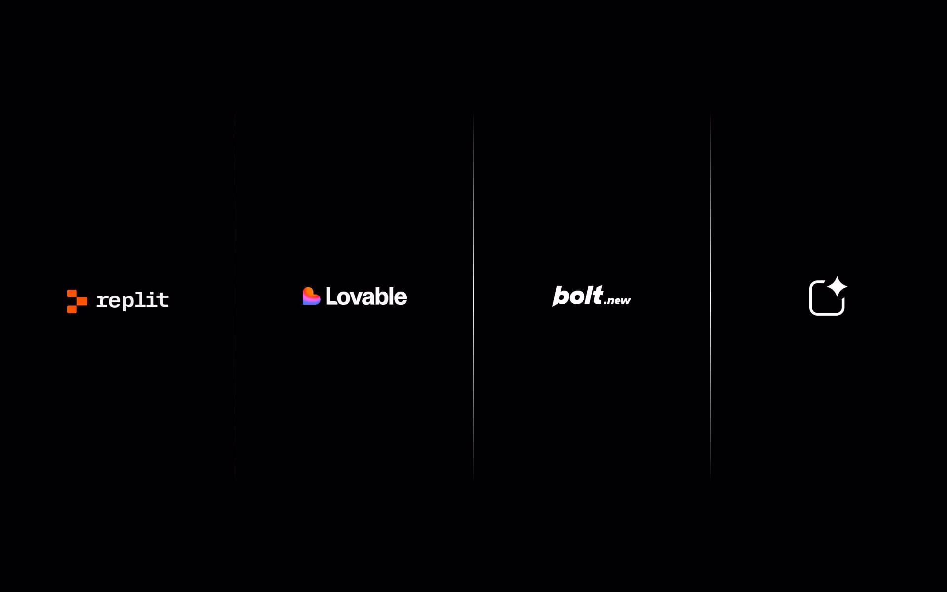Logos von Replit, Lovable, bolt.new und einem weiteren unbekannten Unternehmen auf schwarzem Hintergrund.