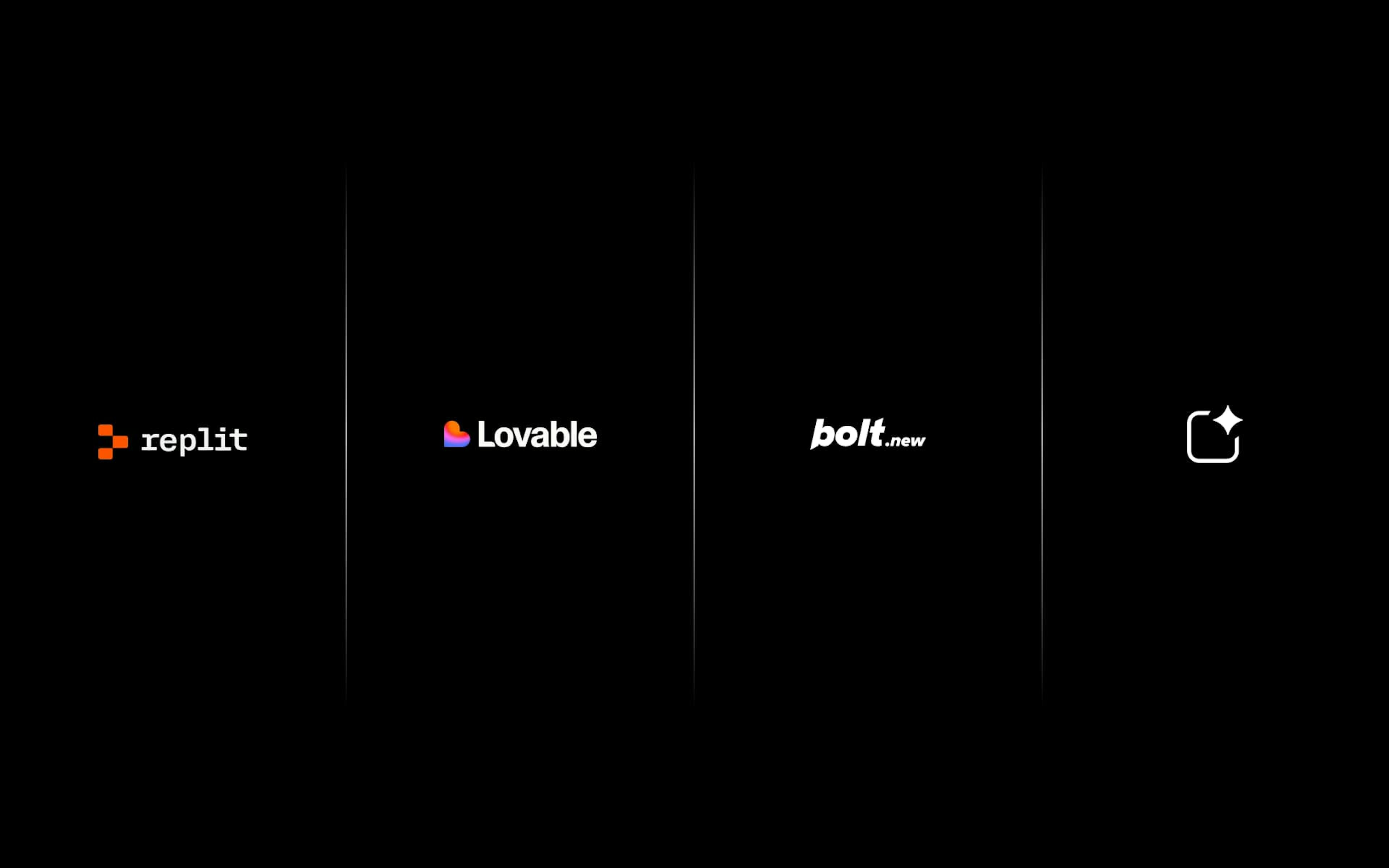 Logos von Replit, Lovable, bolt.new und einem weiteren unbekannten Unternehmen auf schwarzem Hintergrund.