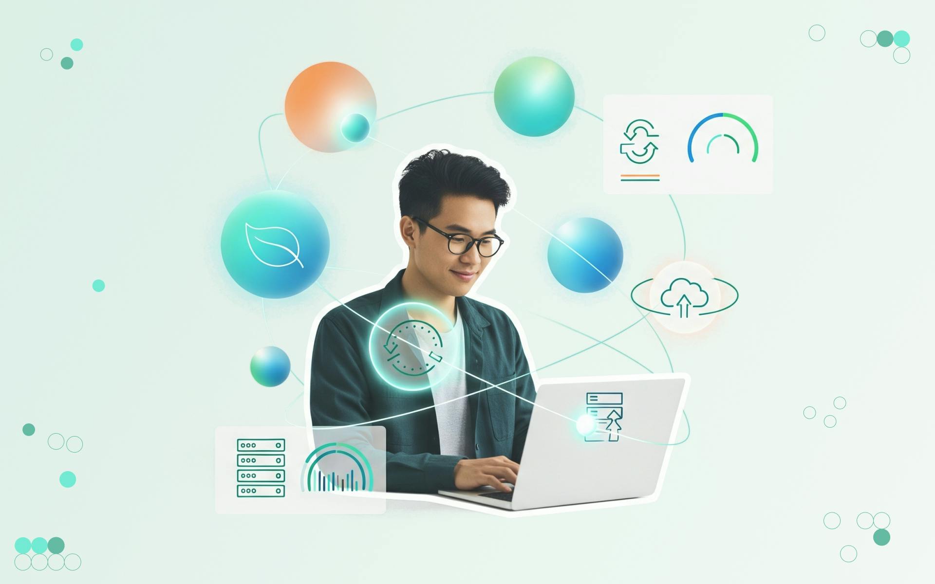 Junger Mann arbeitet am Laptop, umgeben von Symbolen für Cloud, Daten, Nachhaltigkeit und Analyse.