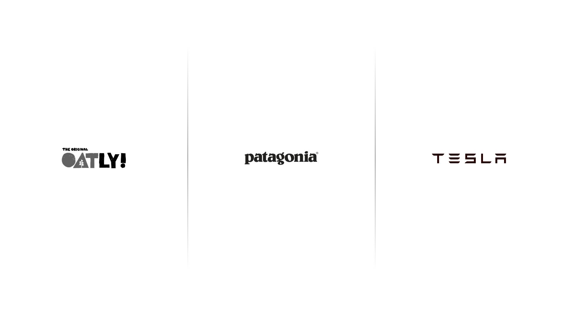 Logos der Marken Oatly, Patagonia und Tesla nebeneinander auf weißem Hintergrund.