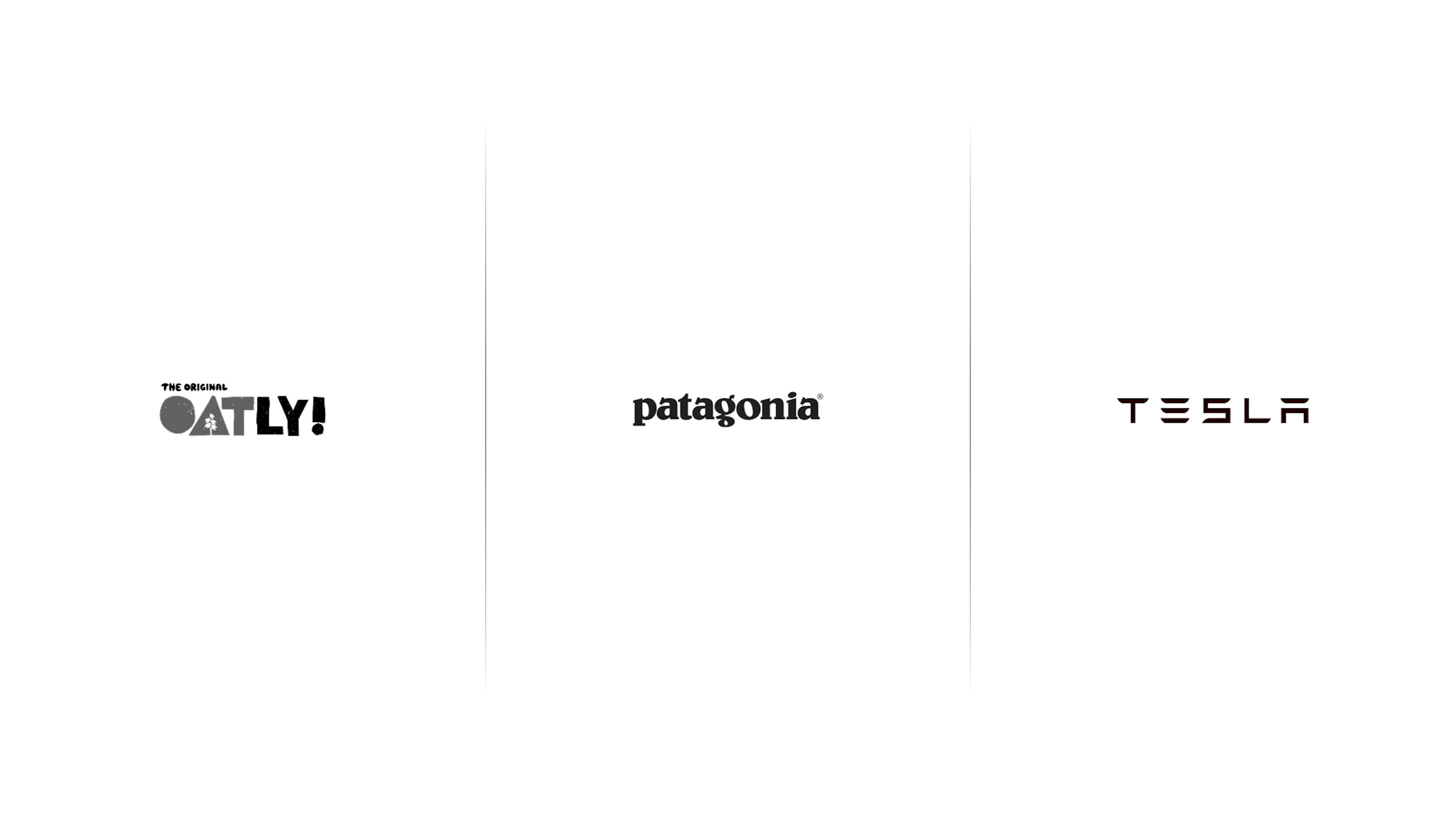 Logos der Marken Oatly, Patagonia und Tesla nebeneinander auf weißem Hintergrund.